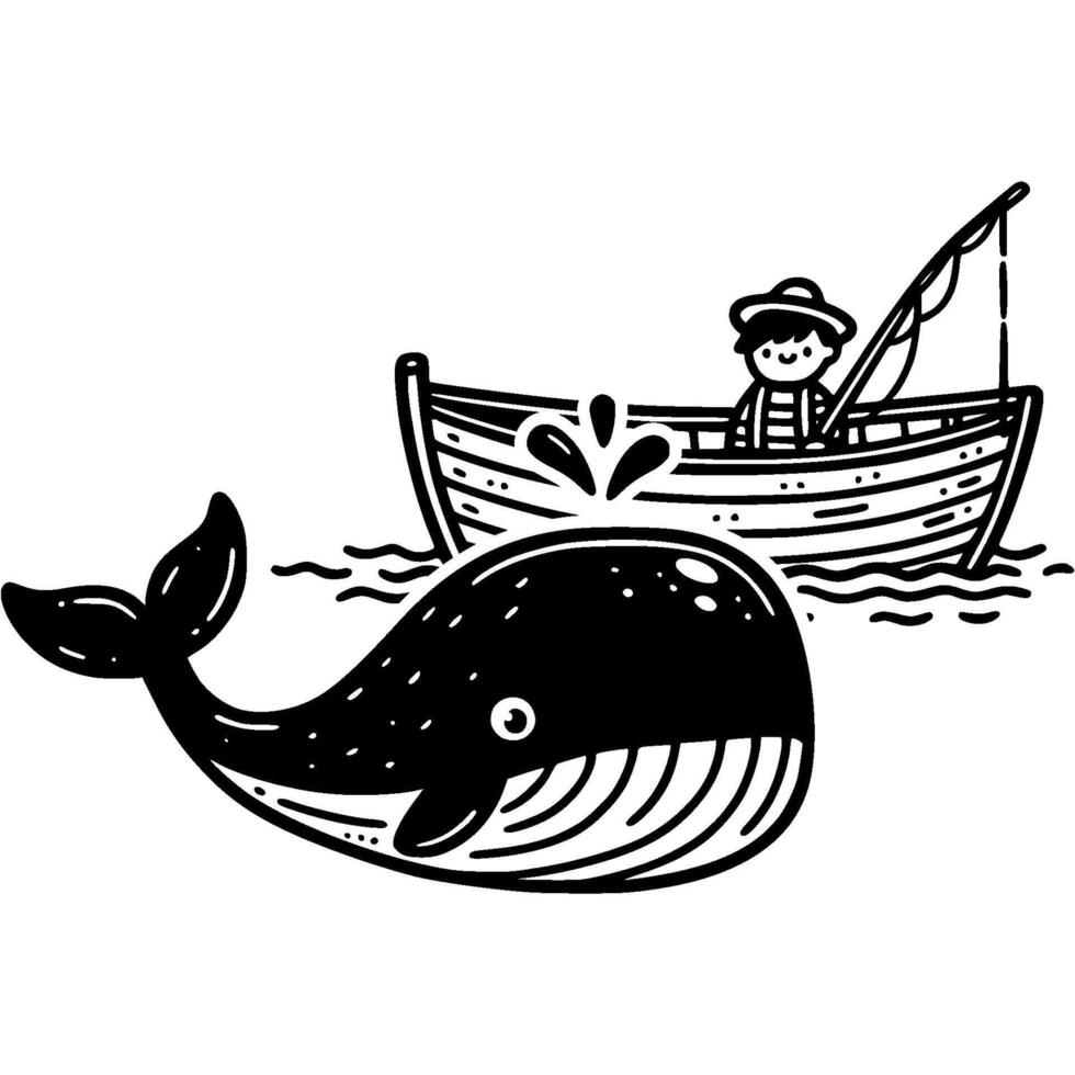 Curious baby whale swims near a boat with a fisherman in monochrome. Simple minimalistic in black ink drawing on white background vector