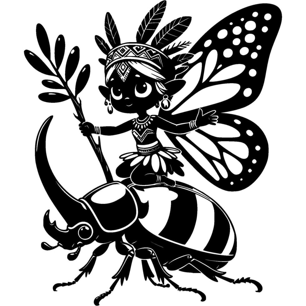 Fairy Shaman rides rhinoceros beetle in monochrome. Love and protection of nature. Simple minimalistic in black ink drawing on white background vector