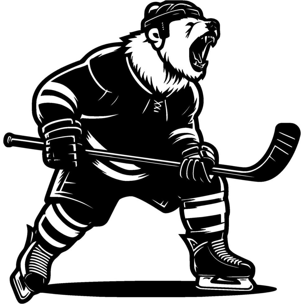 Polar bear hockey team forward roars madly in monochrome. Simple minimalistic in black ink drawing on white background vector