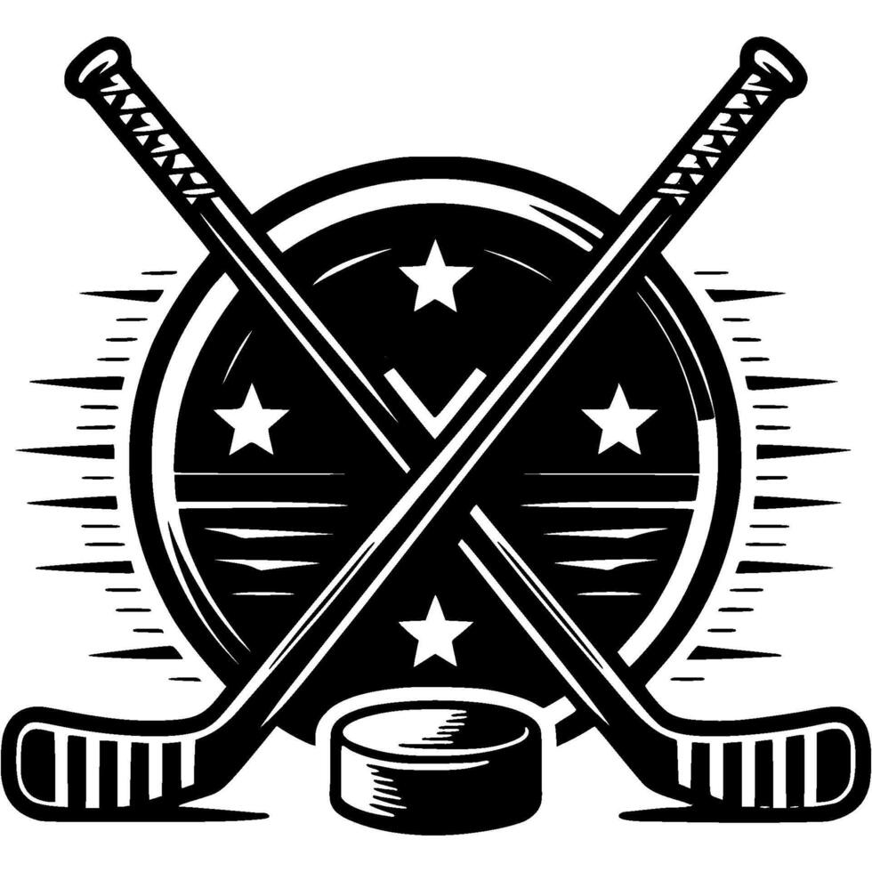 Crossed opponent sticks and hockey puck against round shield in monochrome. Simple minimalistic in black ink drawing on white background vector