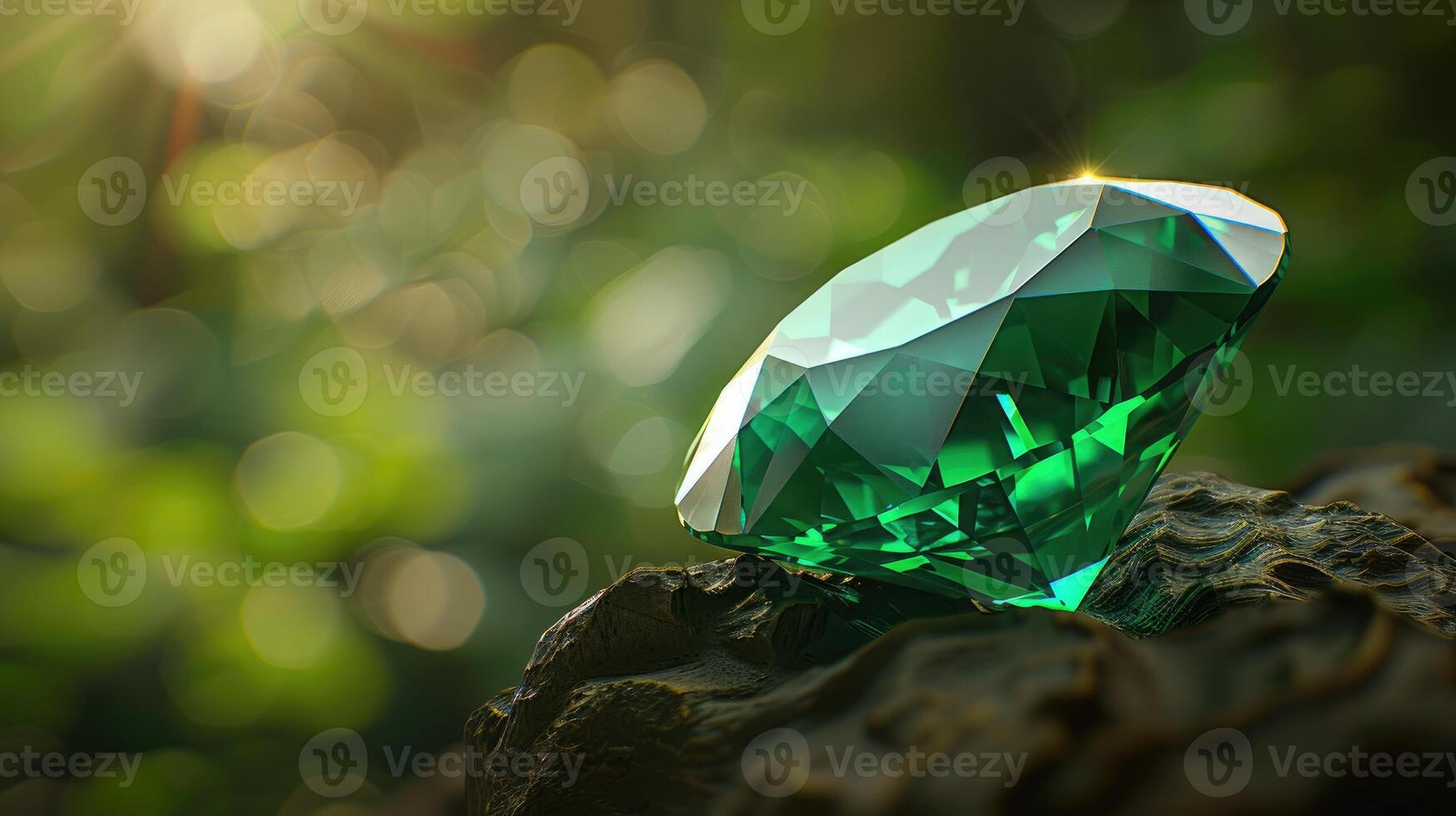 Sparkling Emerald Gemstone on Dark Rock Nature Background photo