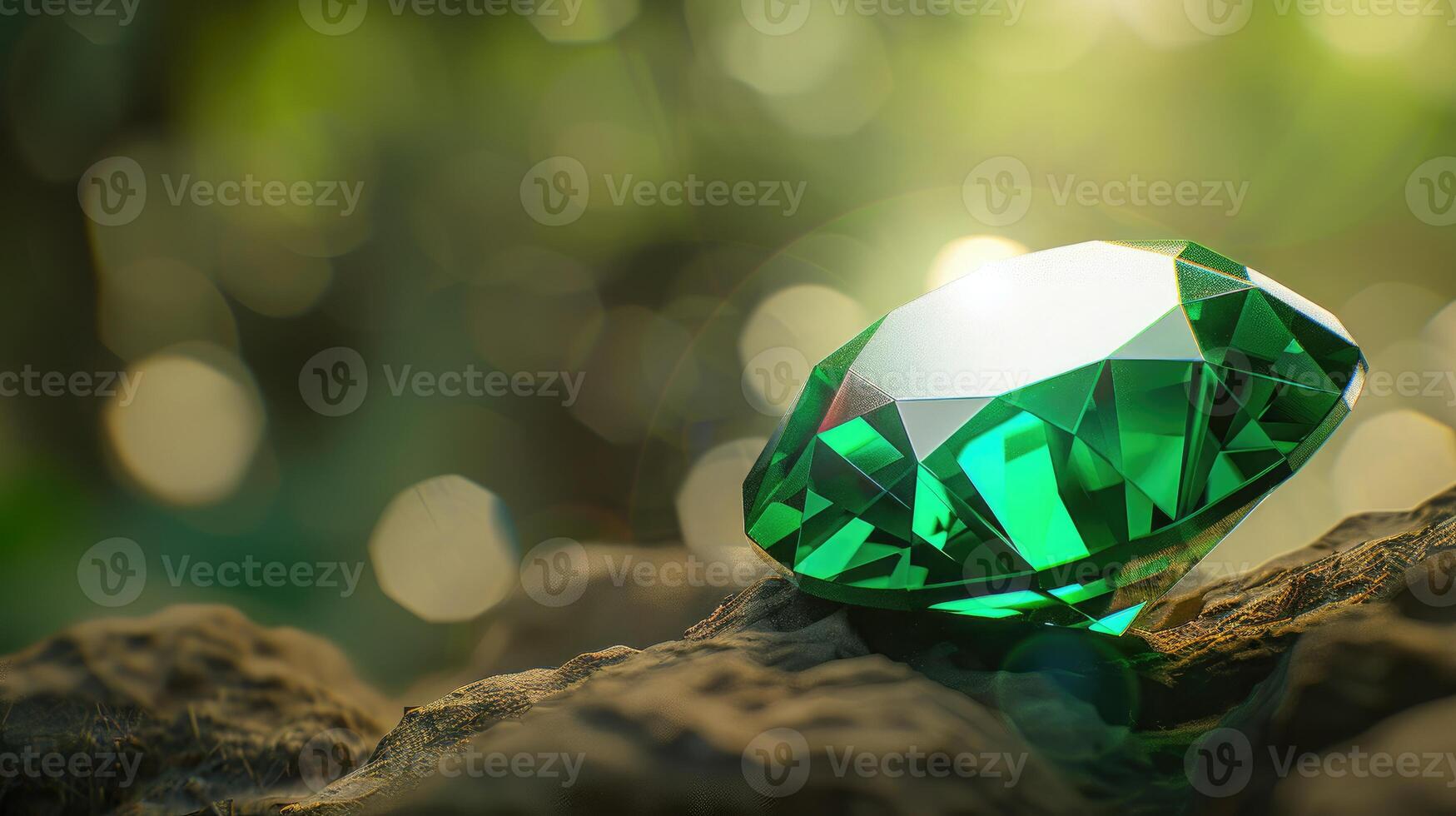 Sparkling Emerald Gemstone on Rock Nature Background photo