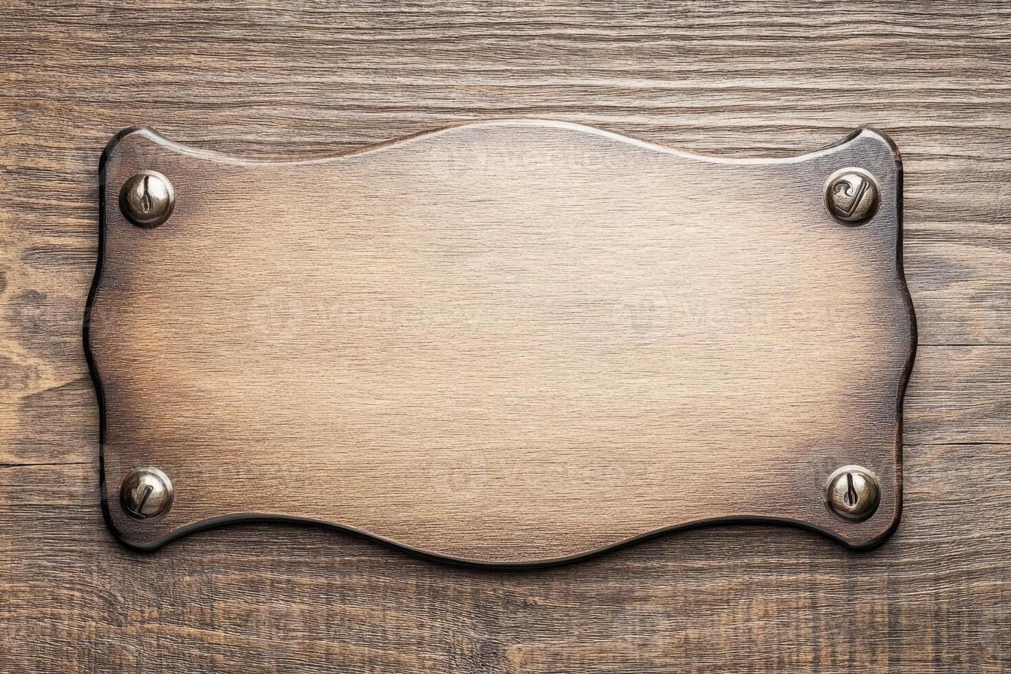 Rustic Wooden Sign Blank Nameplate Brown Wood Background Vintage Metal Plate Antique Label Textured photo