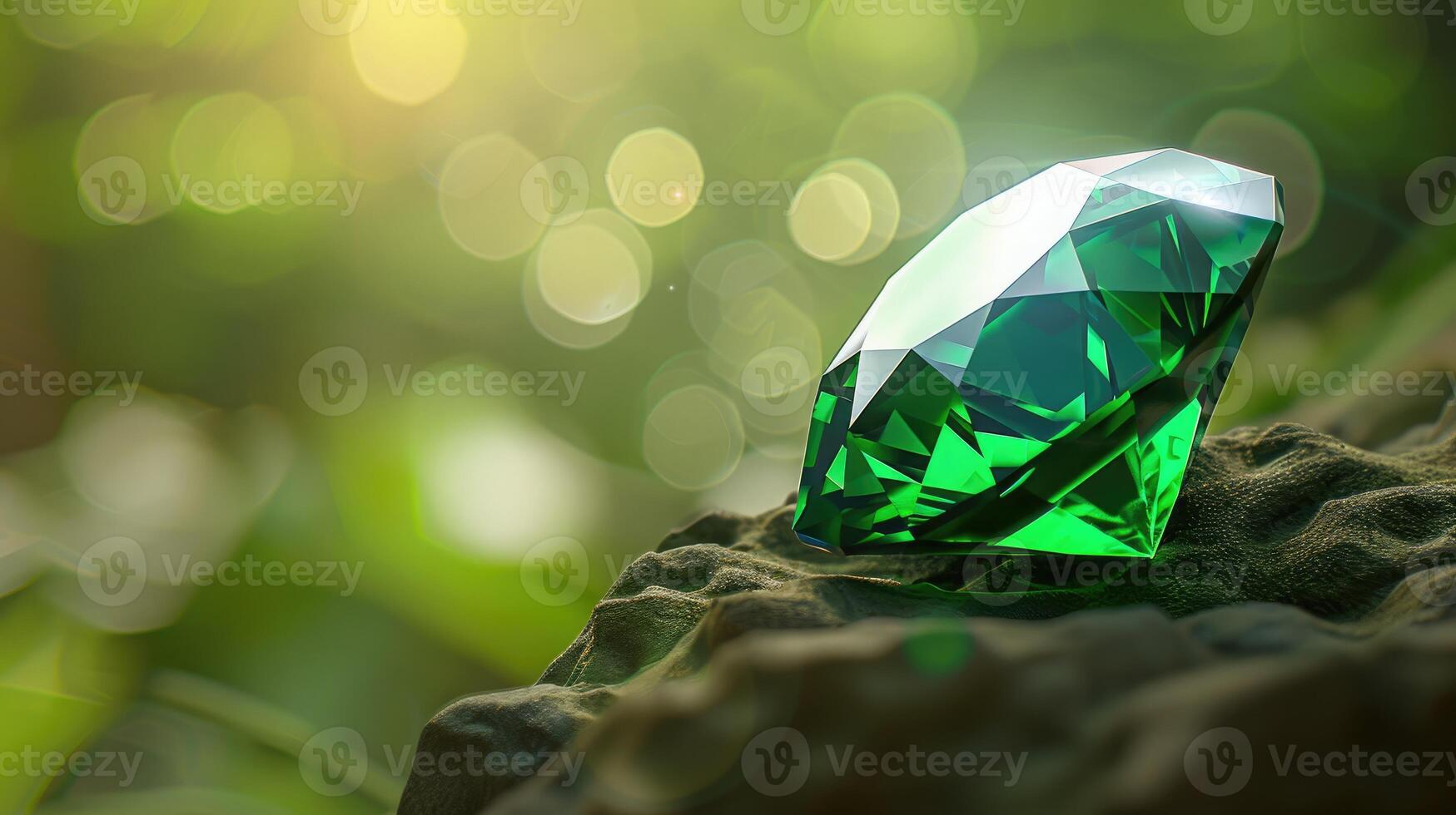 Sparkling Emerald Gemstone on Rock Nature Background Luxury Jewel photo