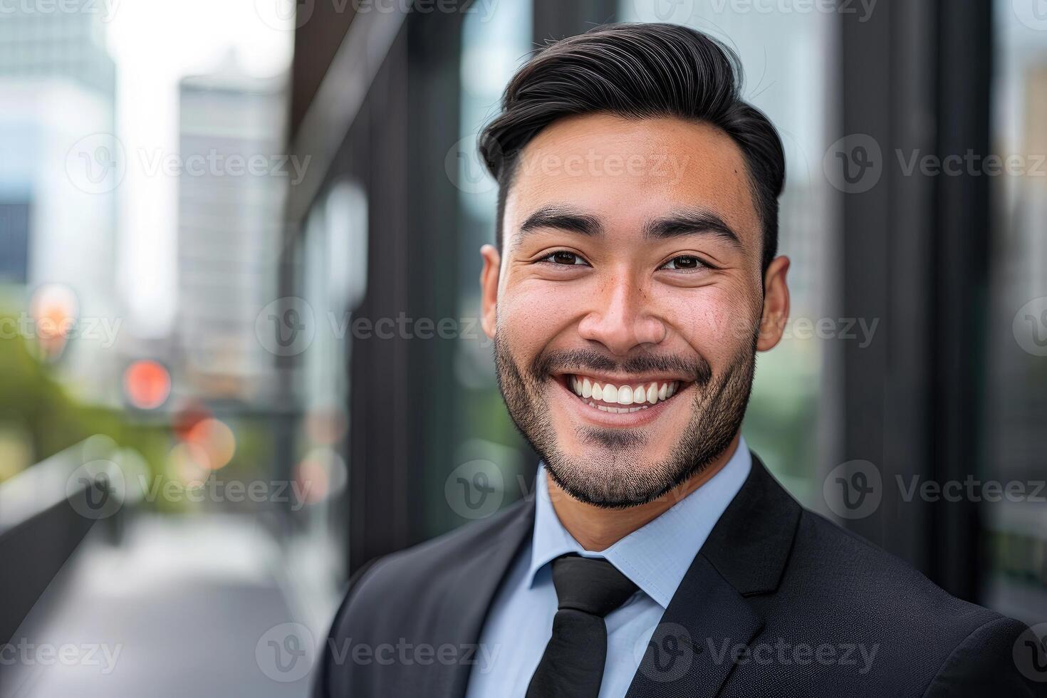 Happy Asian Businessman Smiling Portrait City Background photo
