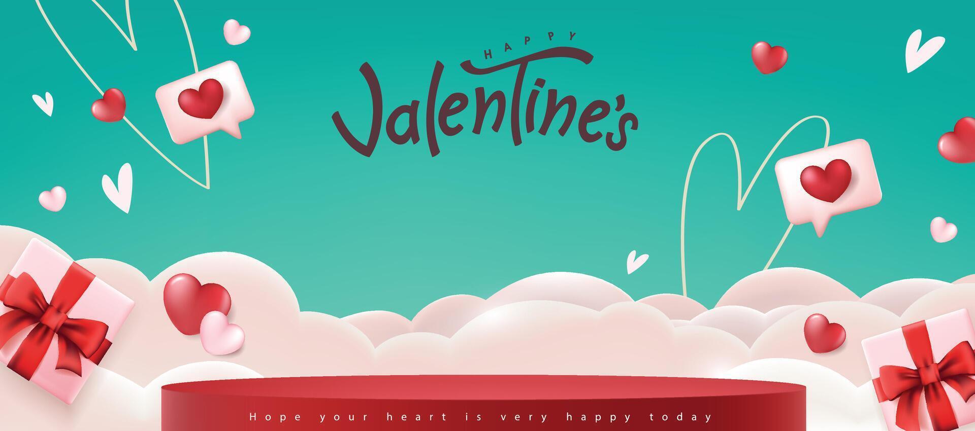 Valentines day promotion banner background with product display cylindrical shape and Heart Shape Balloon on sky vector