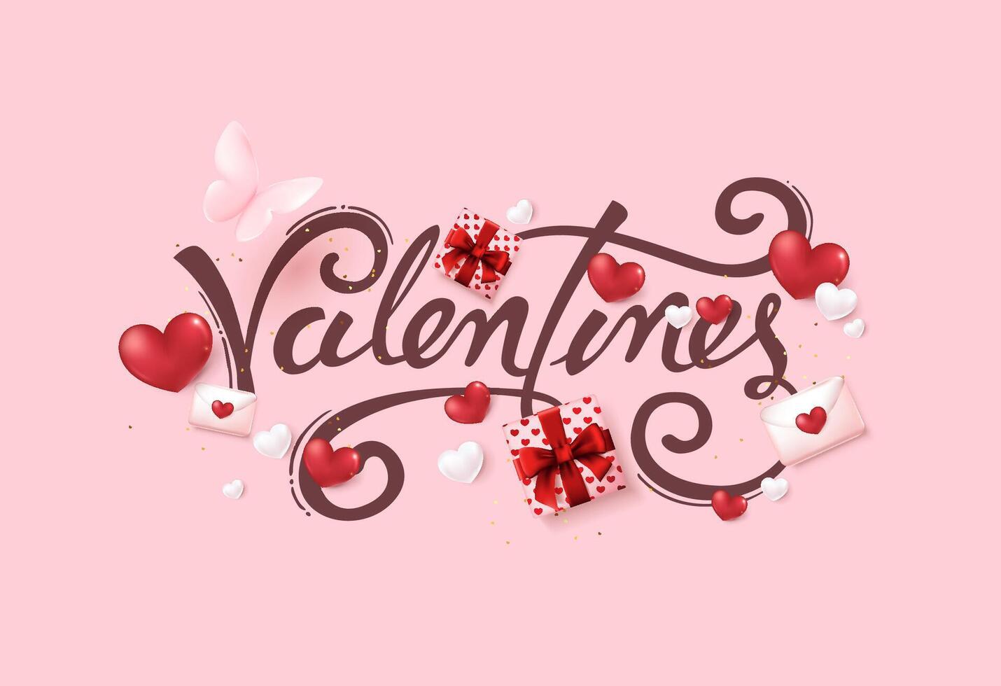 Valentines day banner card background with festive heart shaped and gift decoration frame and calligraphy of valentines day vector