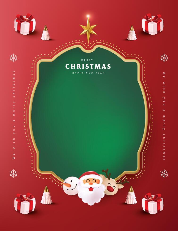 Merry Christmas sign banner frame with empty space and festive decoration on red background vector