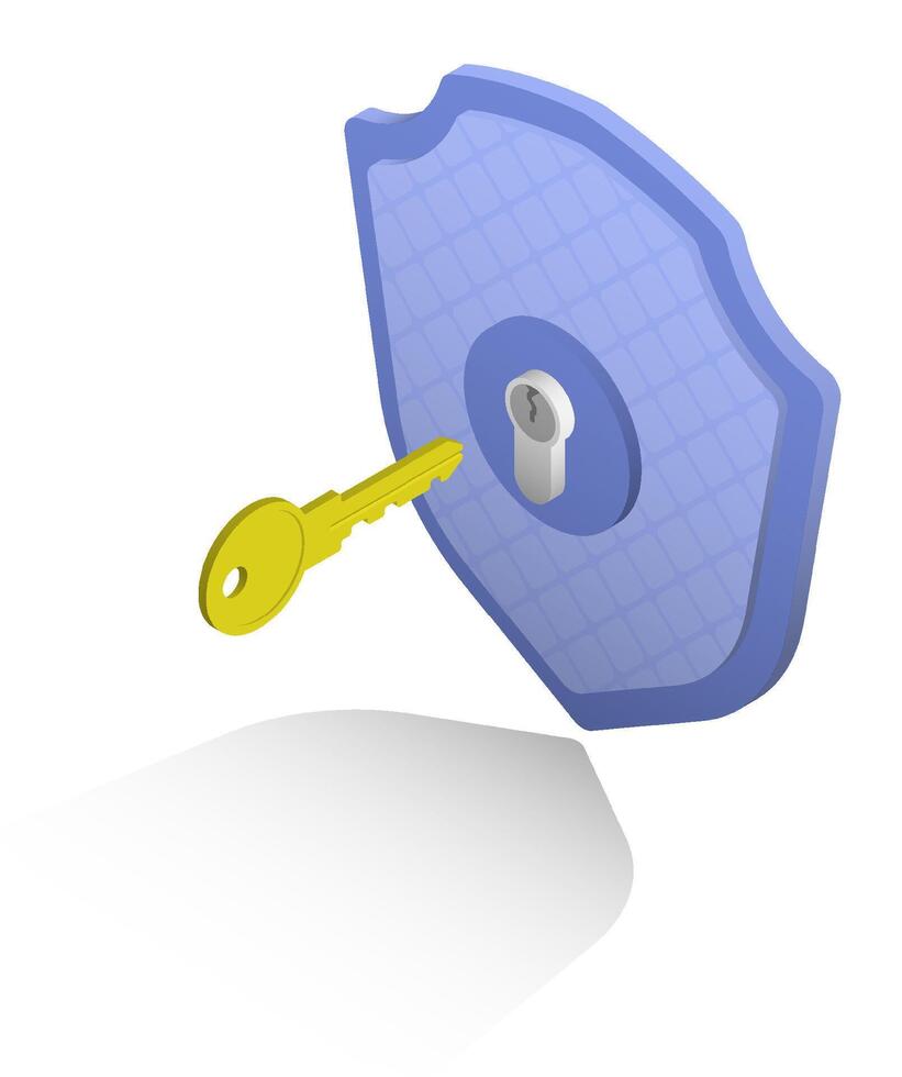 Isometric firewall shield with key. Key opens access to data on digital device. Realistic 3D image vector
