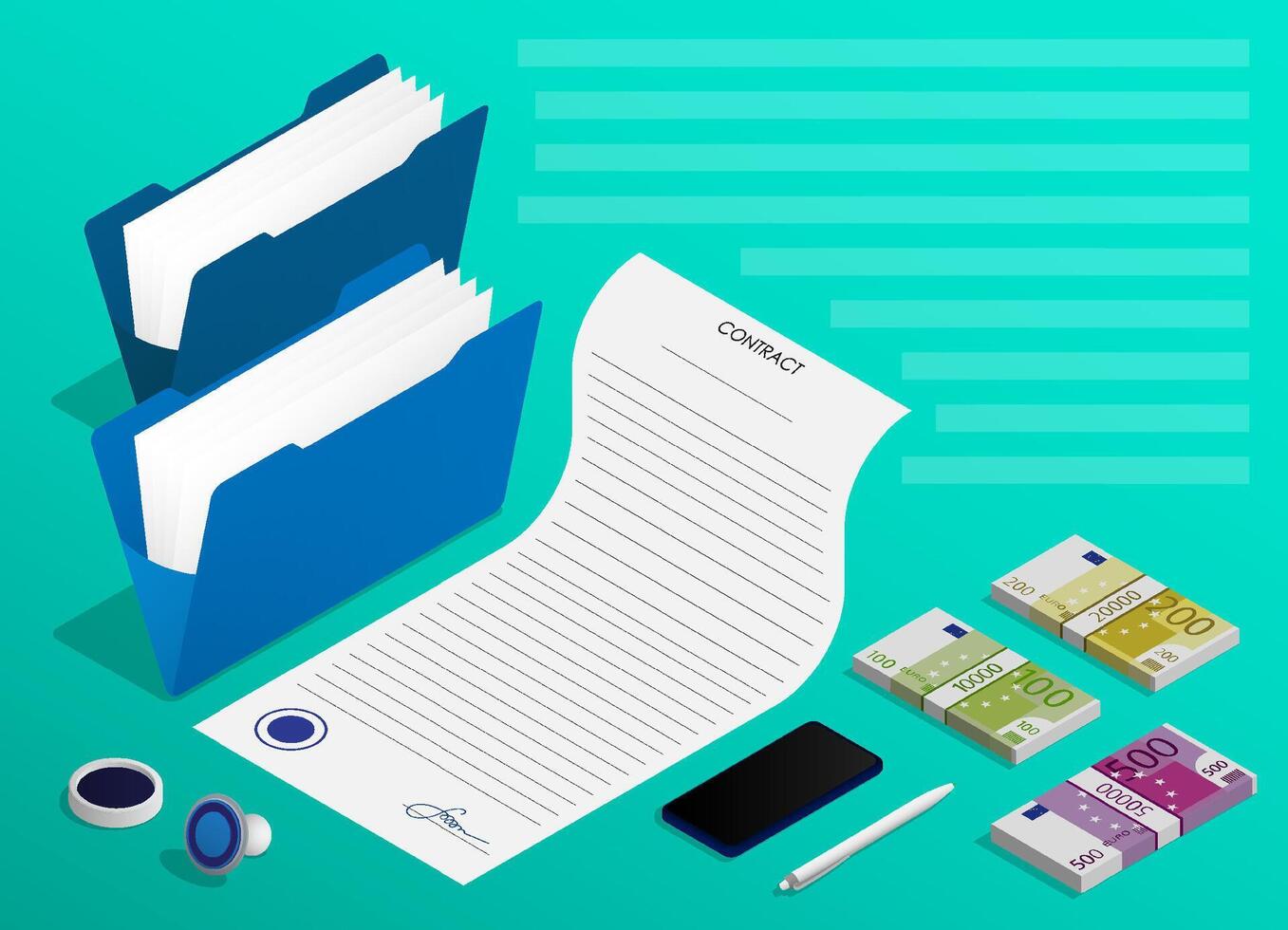 Isometric Concept. Signing of business contract, long term agreement. Conclusion of transactions and certification of documents by signature and seal. Realistic vector
