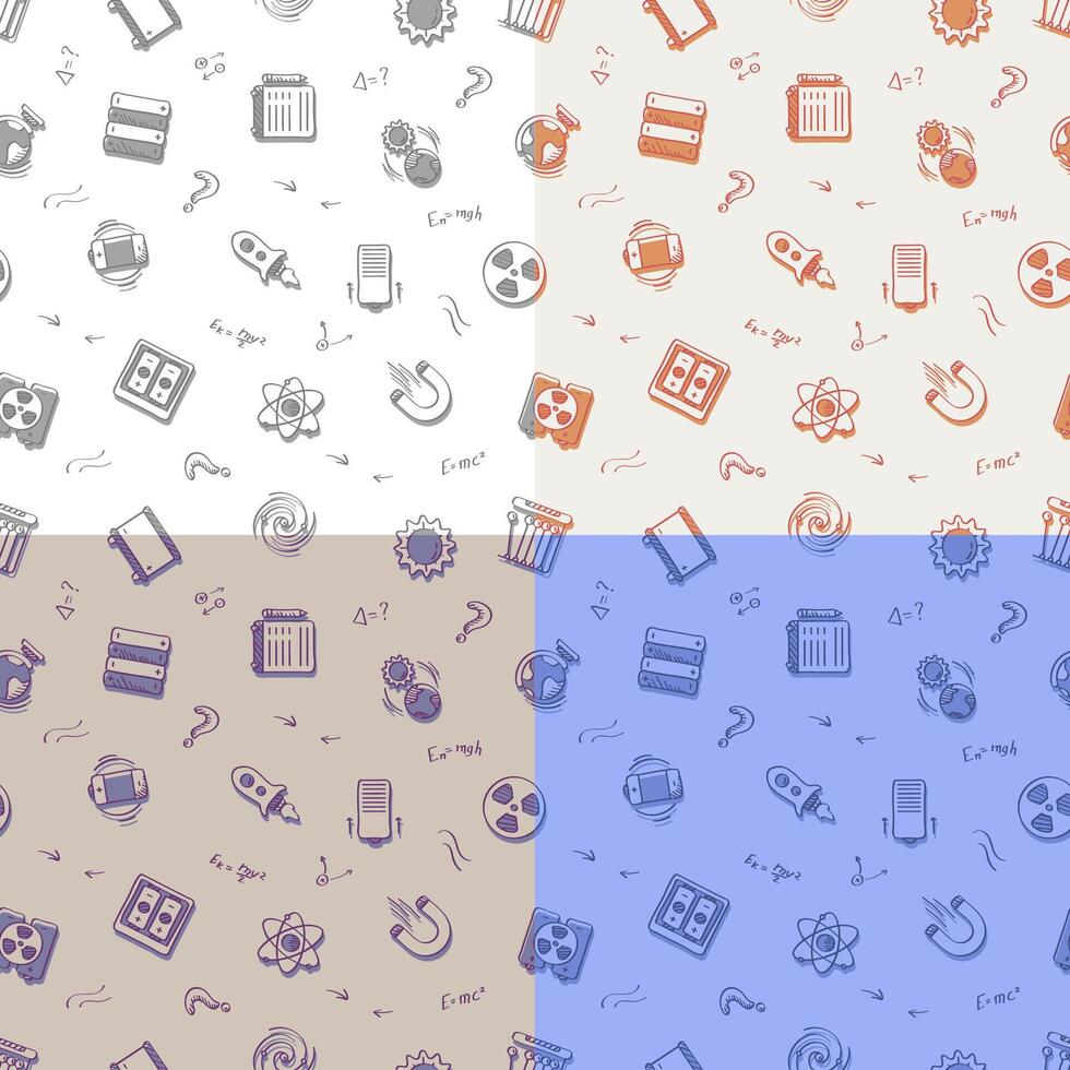 set of seamless patterns with doodle linear icons. Magnet, radiation, energy, kinetic, solar, battery. Ornament for decoration and printing on fabric. Design element. vector