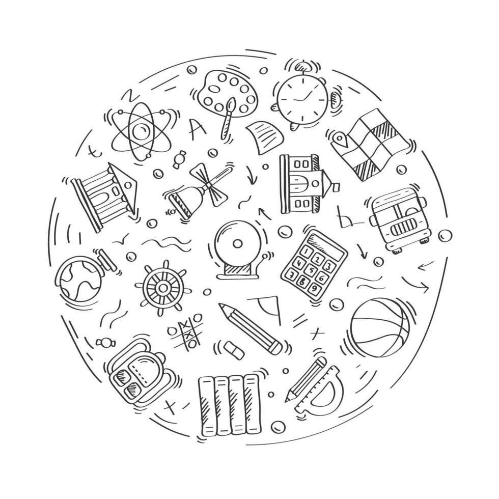 Set of doodle linear icons of education and School. Geography,globe,calculator,university,chemistry,bus,geometry. Linear set vector