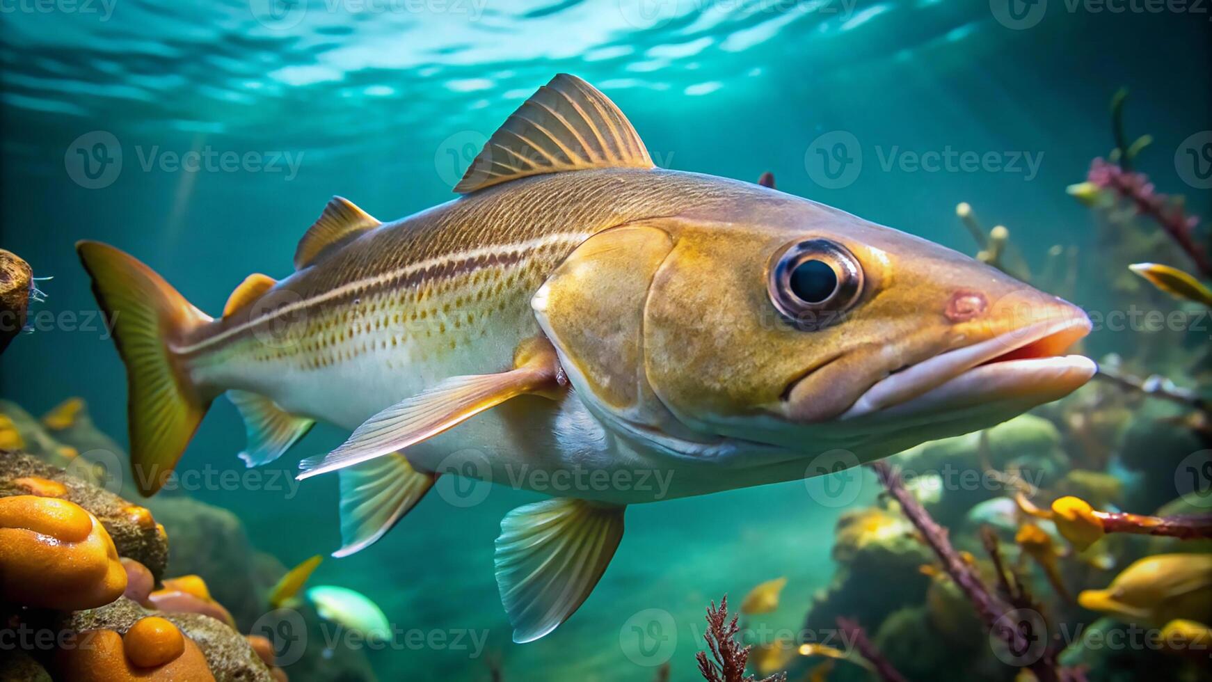 Haddock fish realistic image under the water close up view. . photo