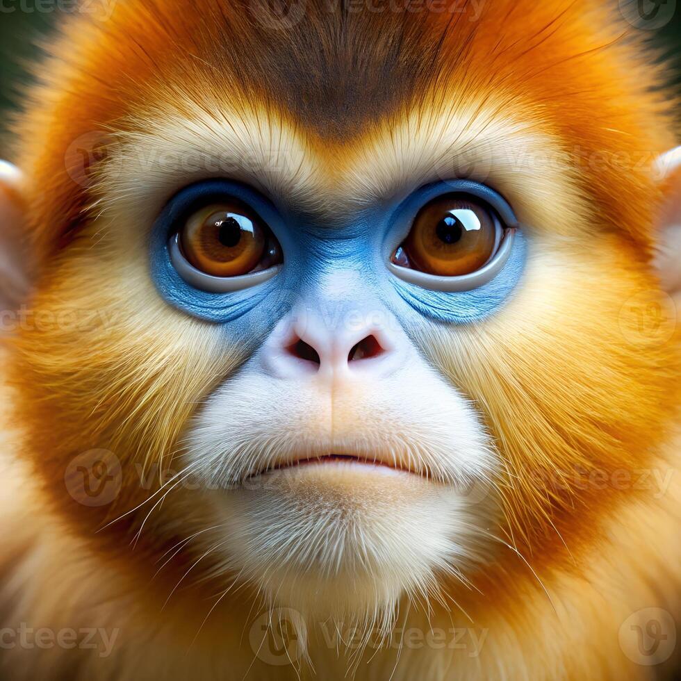 a close up face of Golden Snub-nosed monkey. . photo