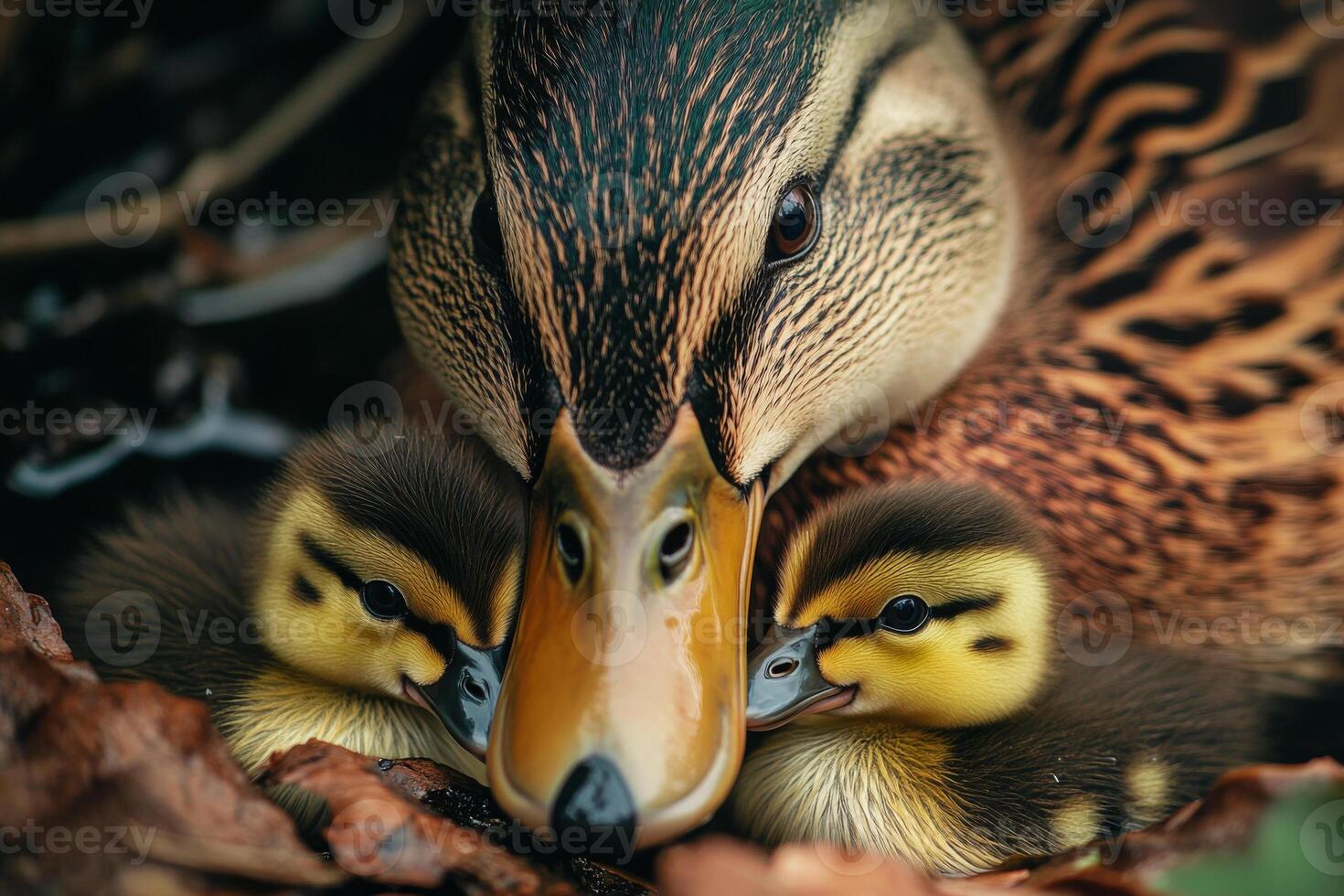 Duck with ducklings swimming in pond photo