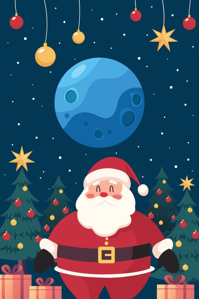 Santa claus with christmas ornaments and moon in background greeting card vector
