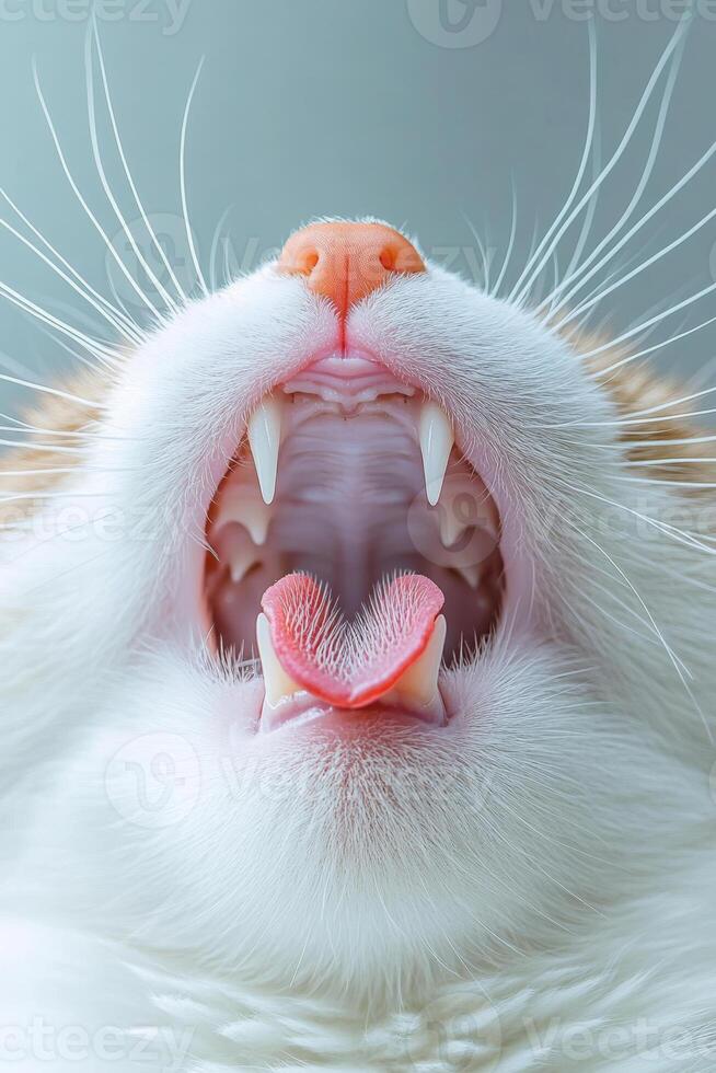 Close-up of yawning cat open mouth with tongue and fangs photo