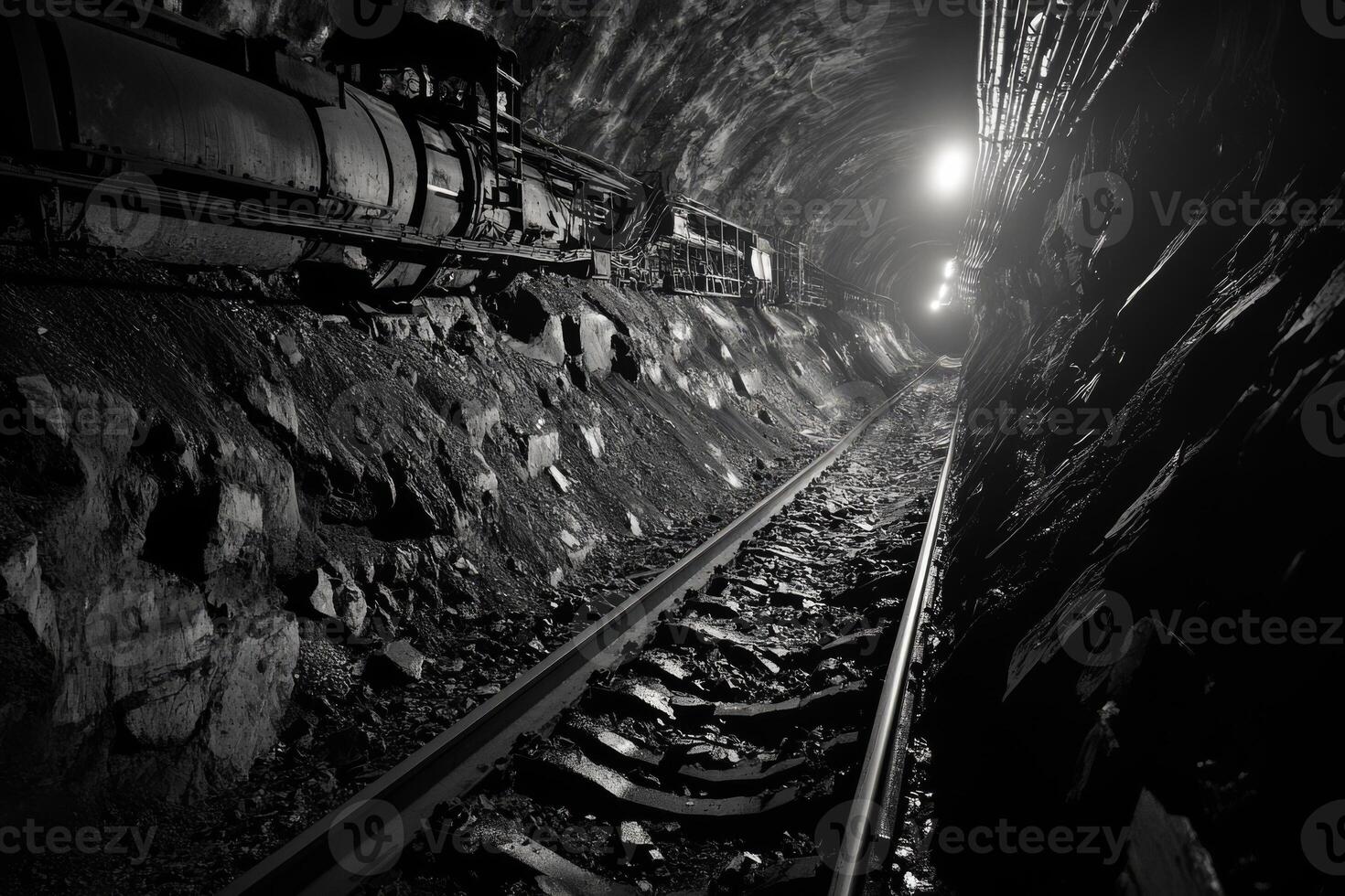 Coal mining tunnel with light at the end photo