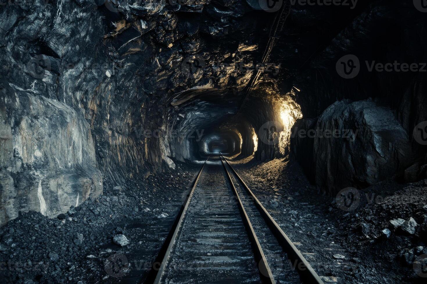 Coal mining tunnel with light at the end photo