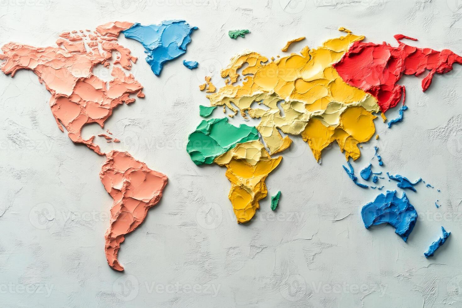 Colorful textured world map with continents on plaster photo