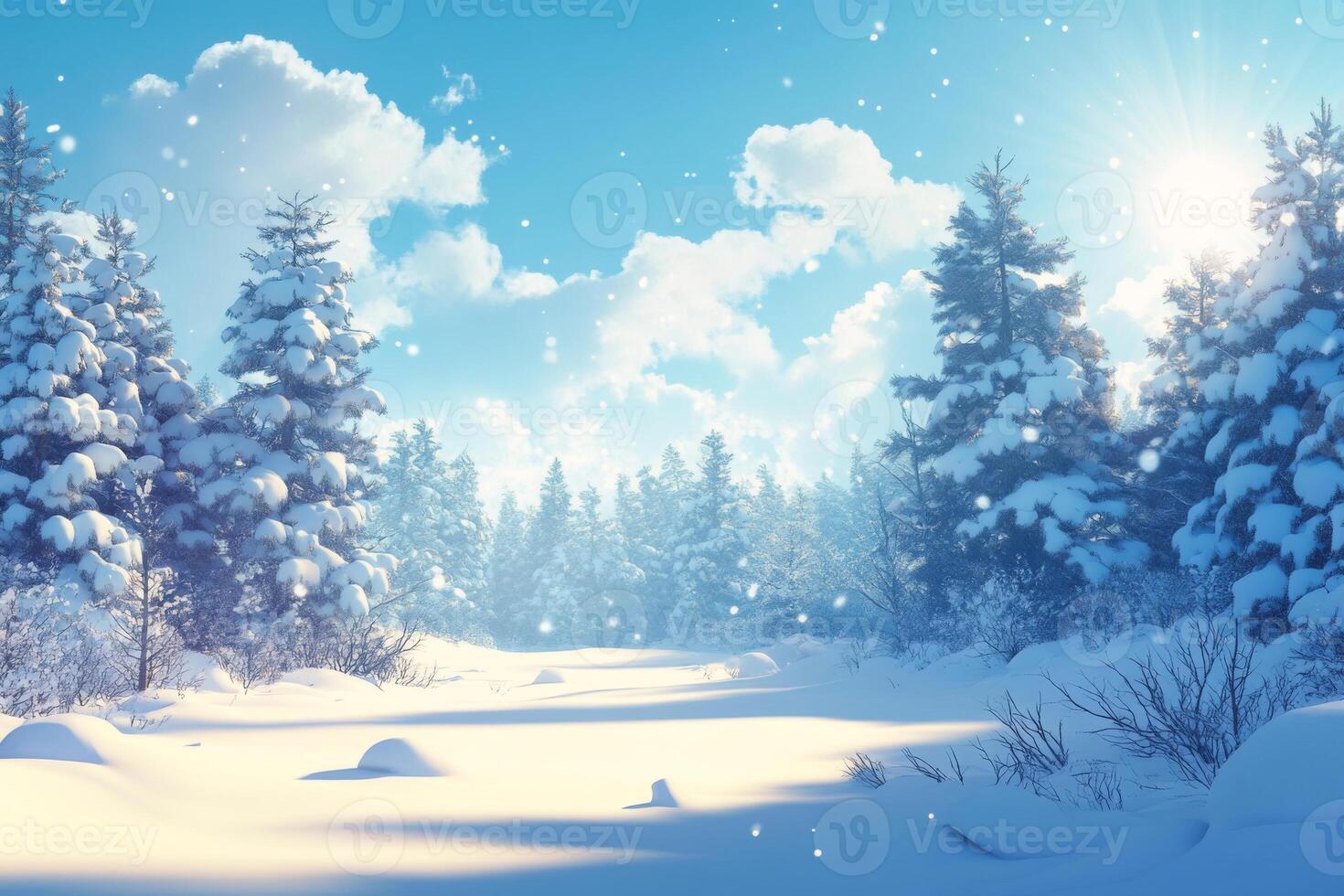 Sun shining through snowy trees in winter forest landscape photo
