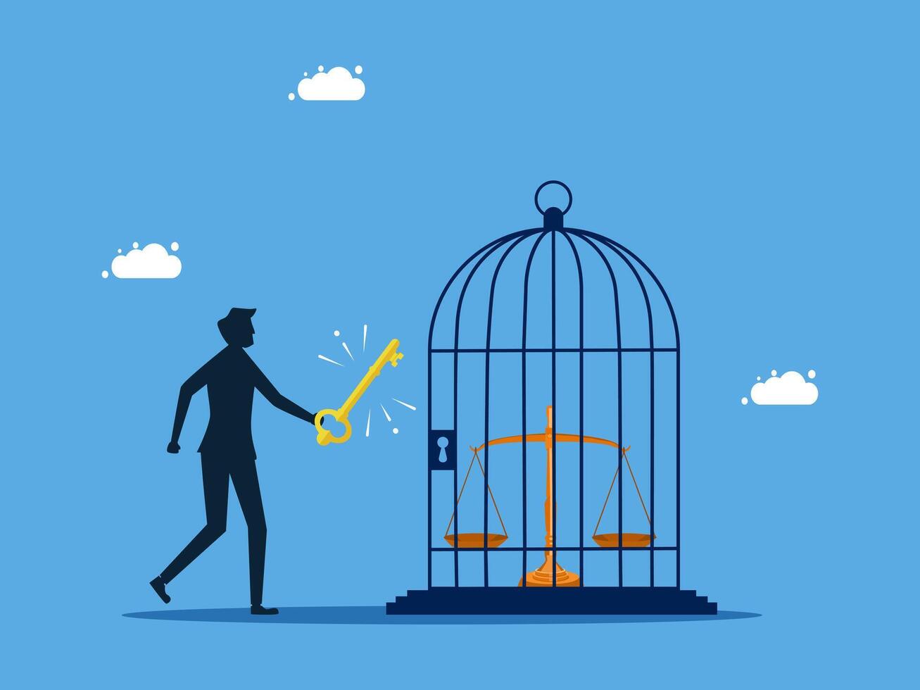 a man is holding a key to open a cage with a bird vector