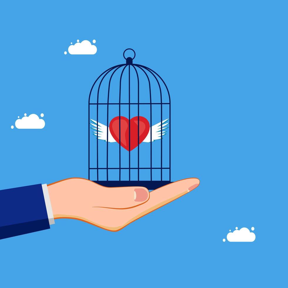 hand holding a bird cage with heart inside vector