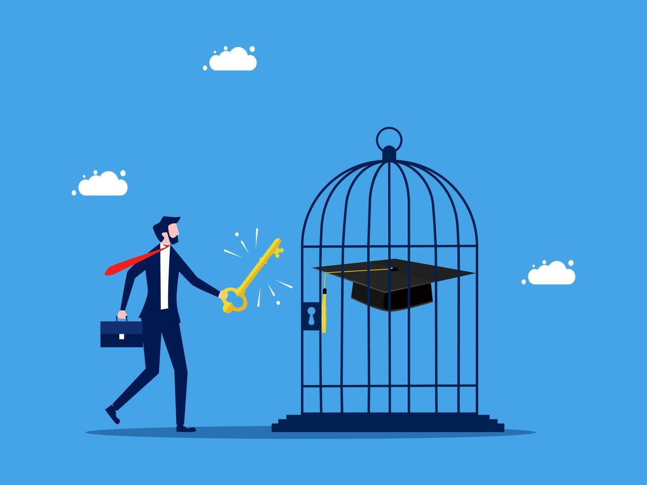 businessman is holding a key to open a cage with a graduation cap inside vector