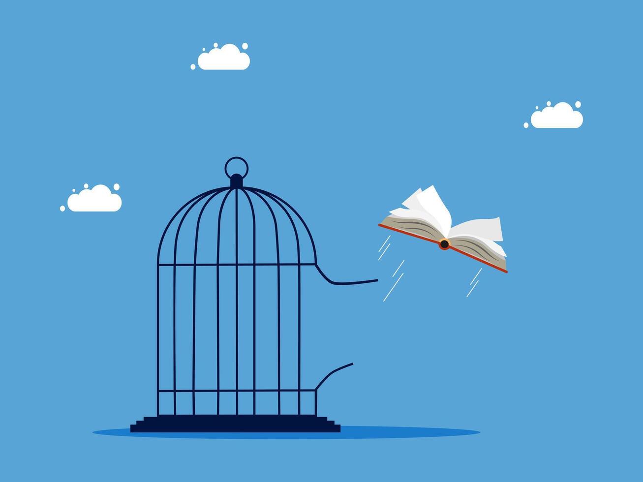a bird cage with an open book and a bird flying out of it vector