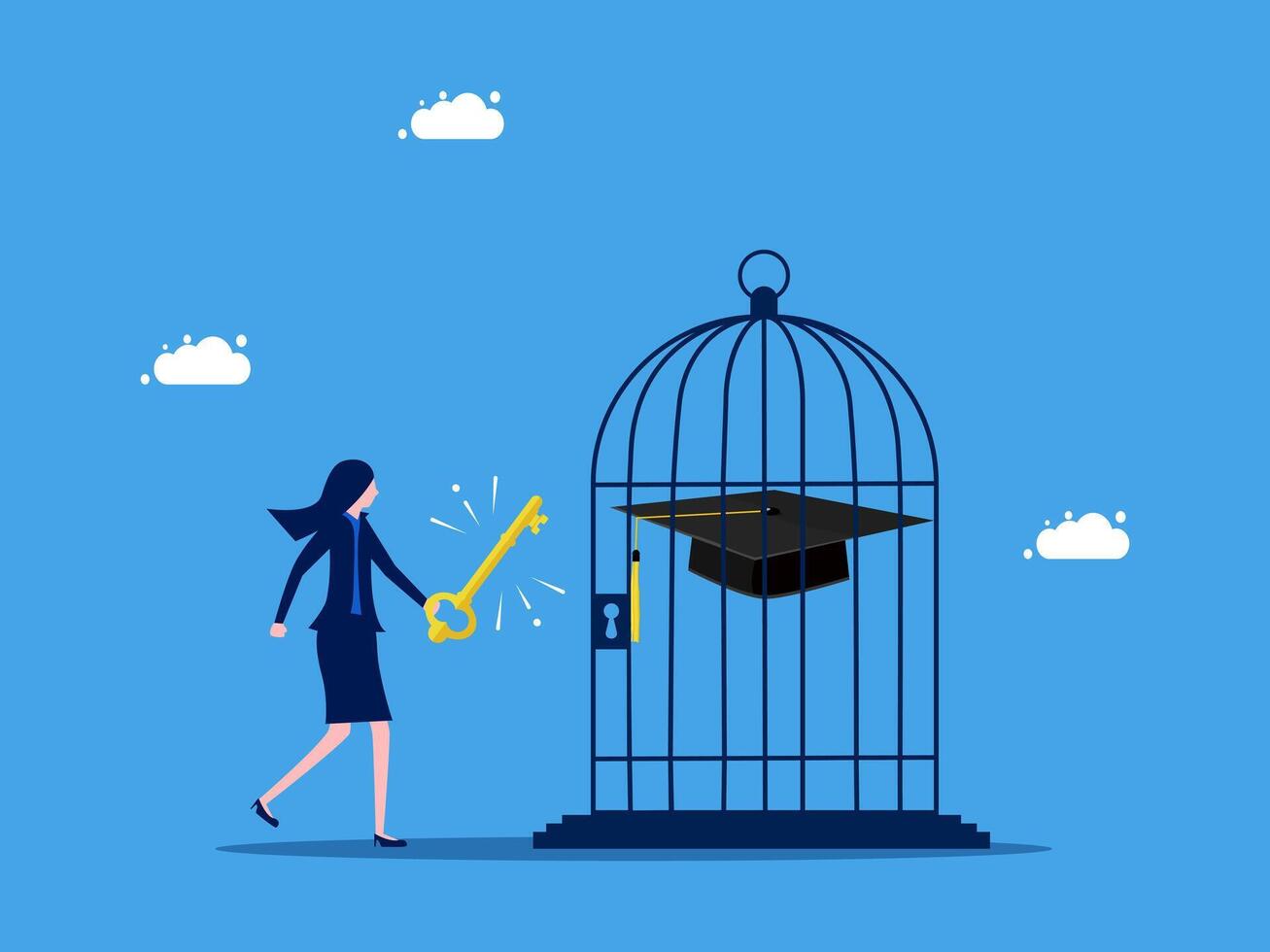 a woman is holding a key to open a cage with a graduation cap inside vector