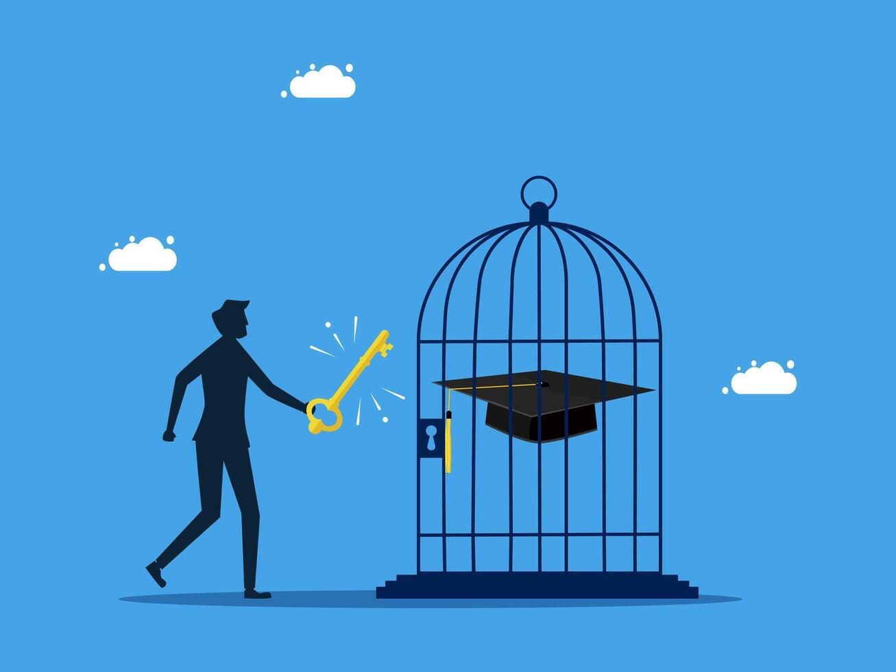 man is holding a key to open a cage with a graduation cap inside vector
