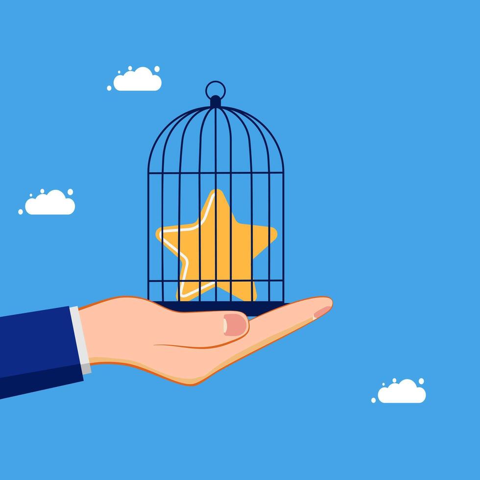 hand holding a star in a cage with a blue background vector