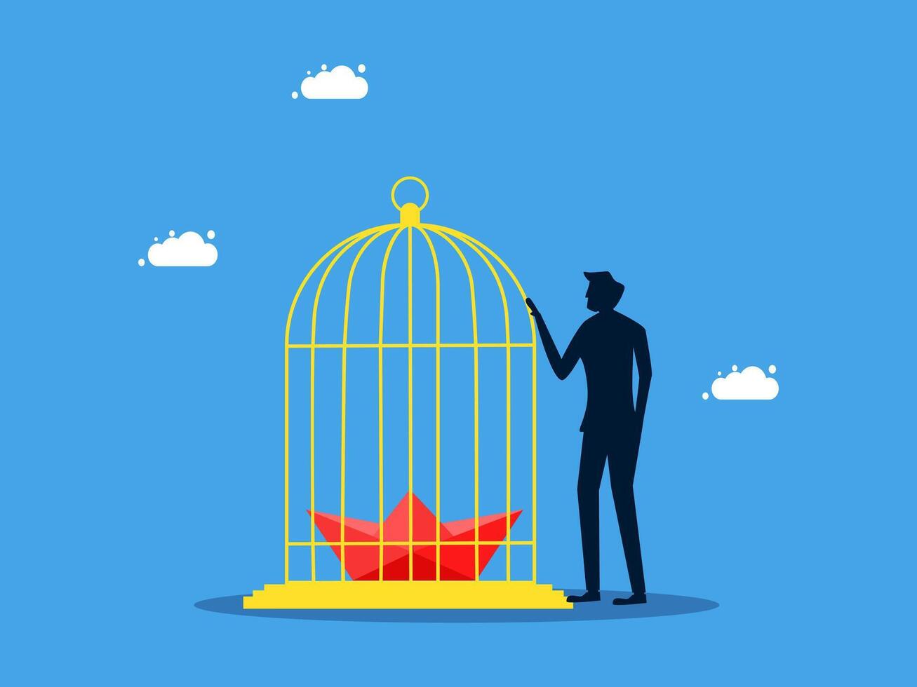 businessman in a suit holding a red paper boat in a cage vector