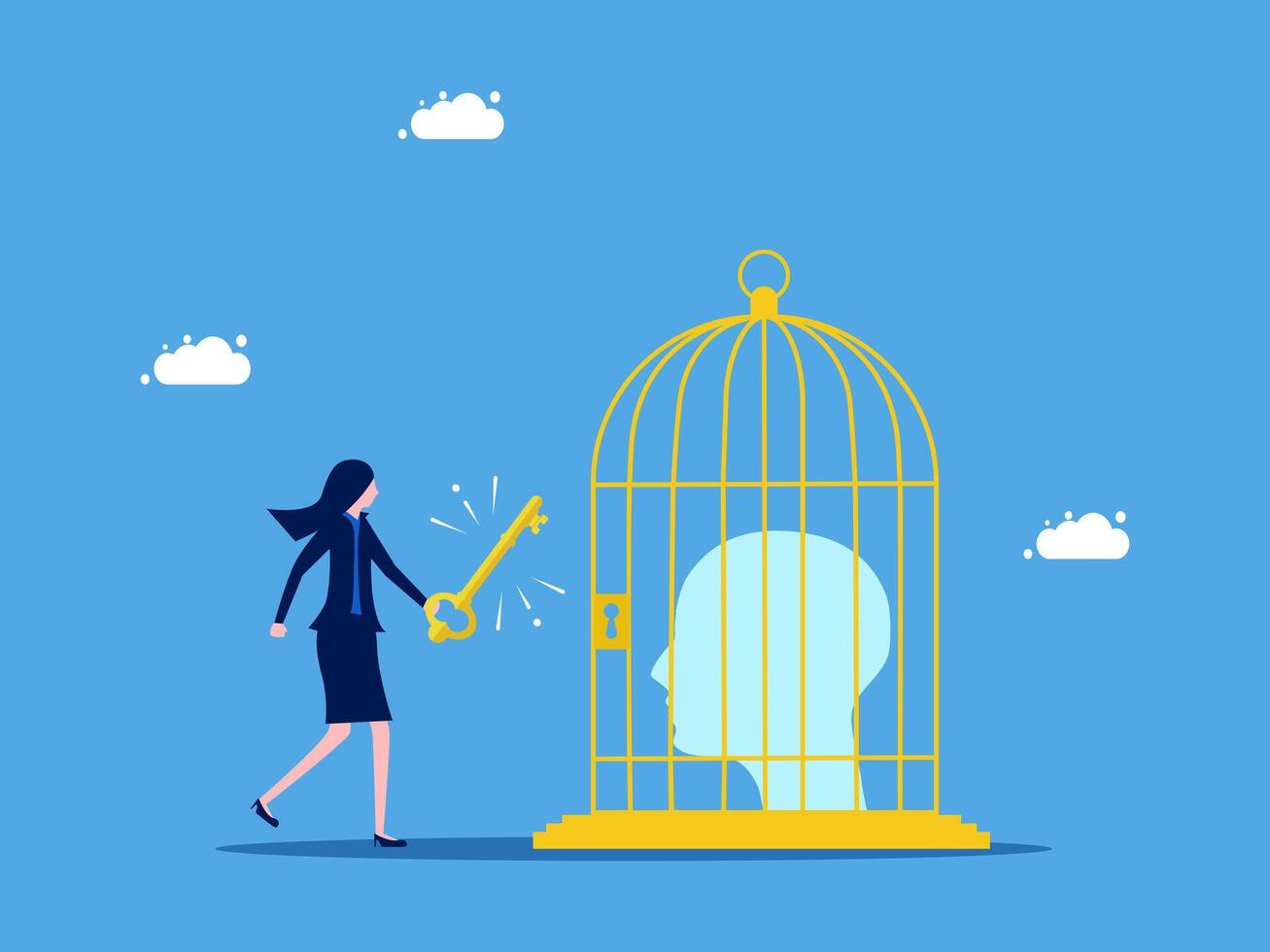 businesswoman with key to open cage of brain, concept of human mind and creativity, flat design vector