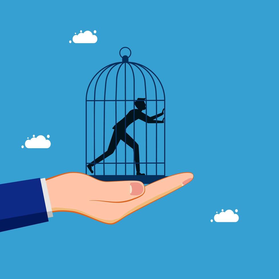 a hand holding a bird cage with a silhouette of a man running away vector