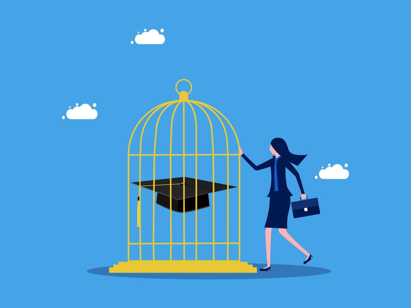 a woman is walking towards a birdcage with a graduation cap on it vector