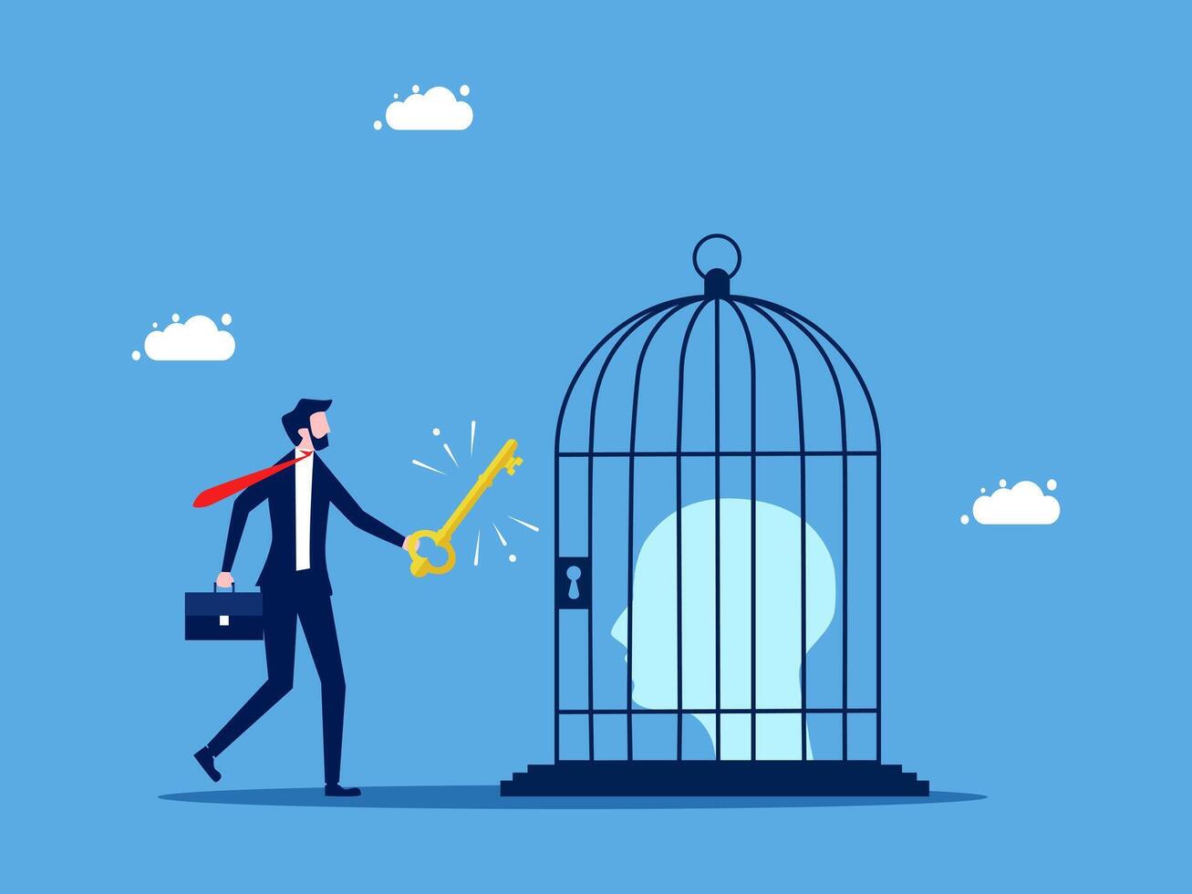 businessman with key to open cage of brain, concept of human mind and creativity, flat design vector