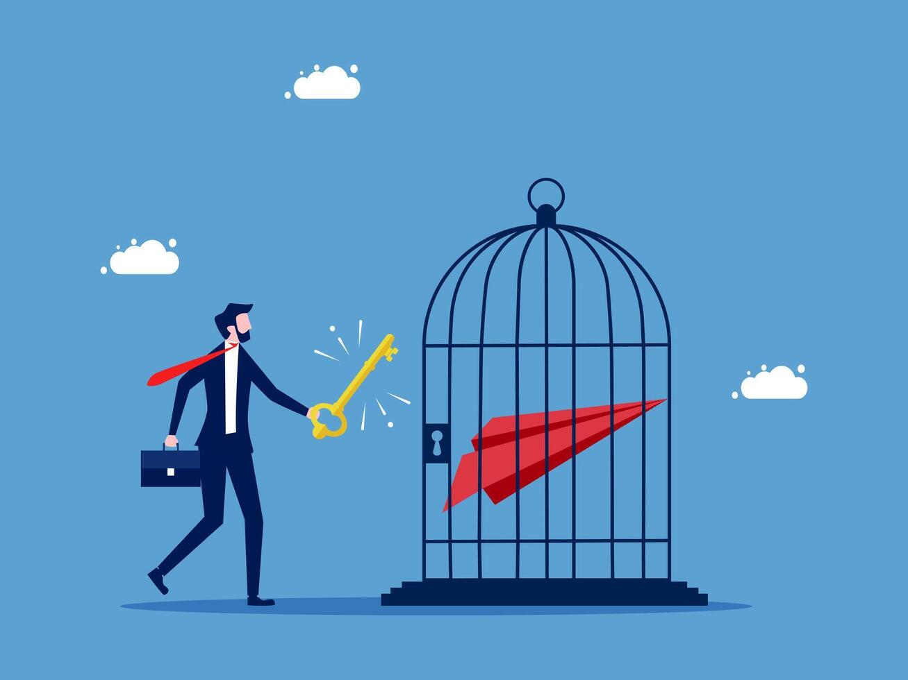 businessman opening a paper airplane in a cage, concept of success and failure vector