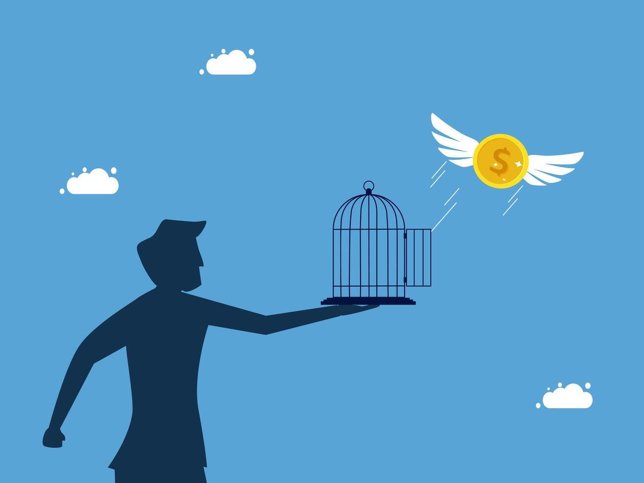 a man holding a bird cage with a gold coin vector