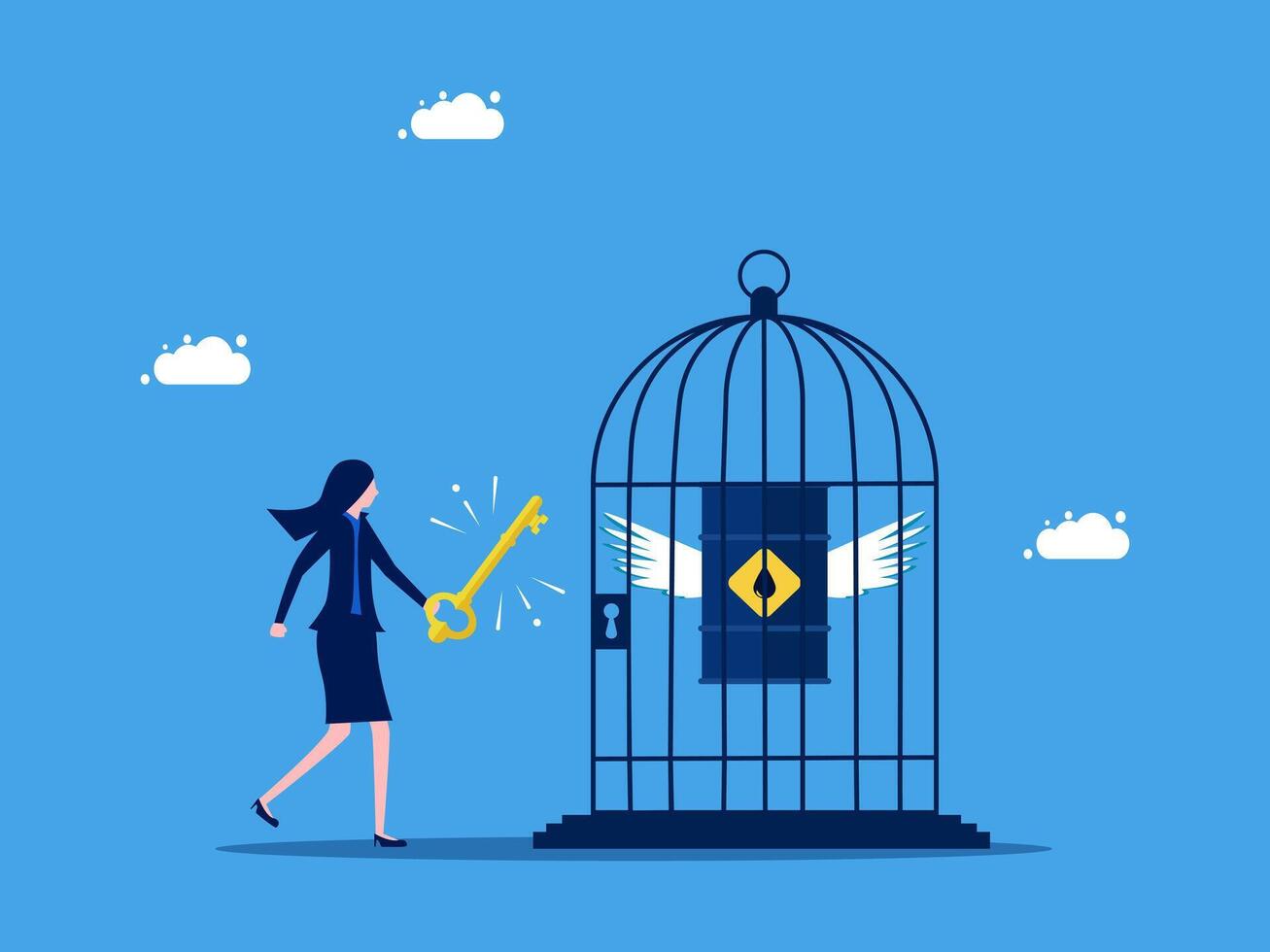a woman is holding a key to open a cage with a bird inside vector
