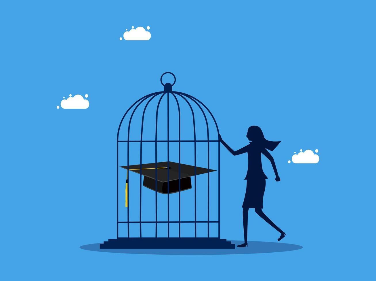 a woman is standing in front of a cage with a graduation cap on it vector