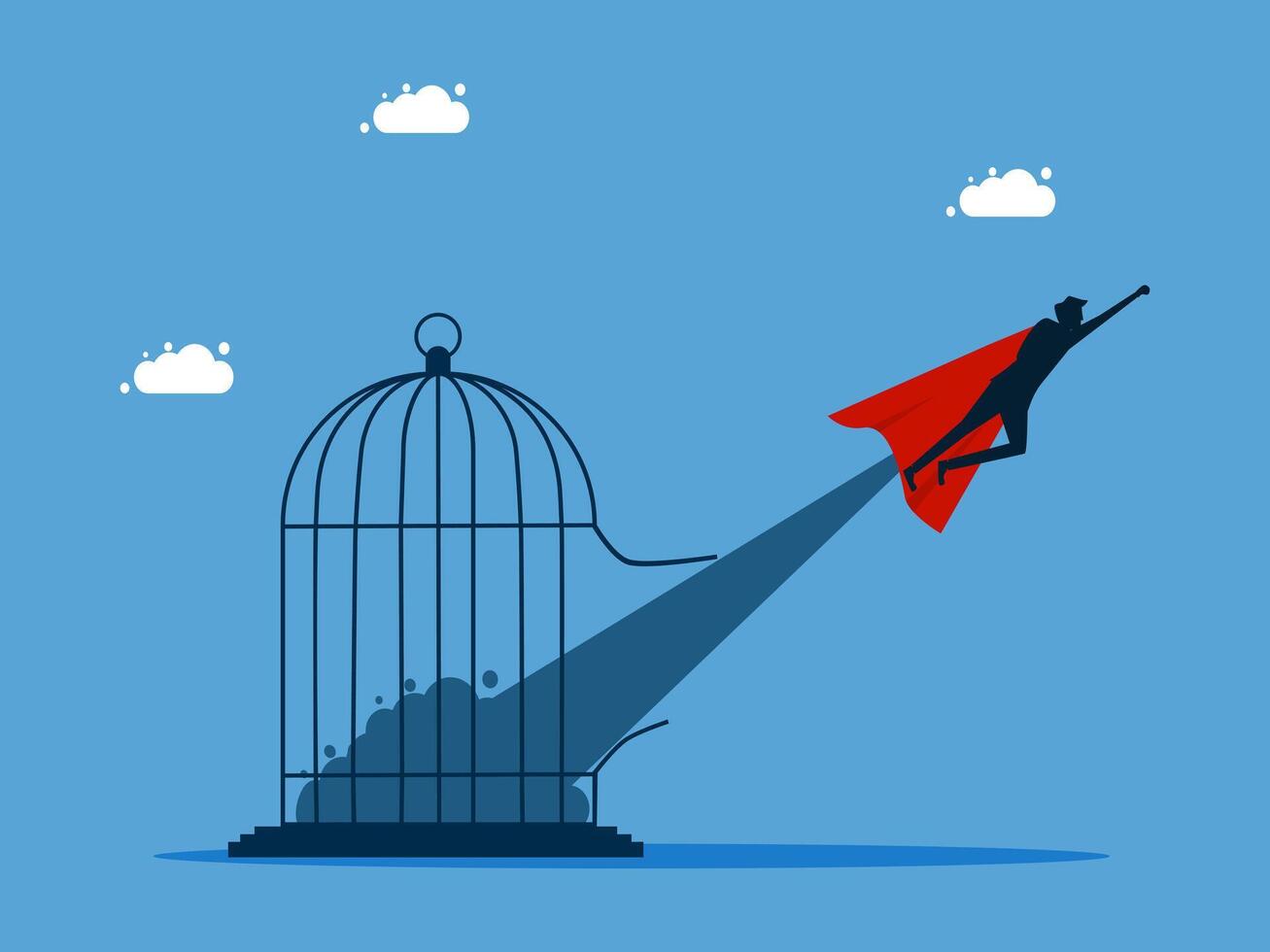 businessman flying out of a cage with a red cape vector