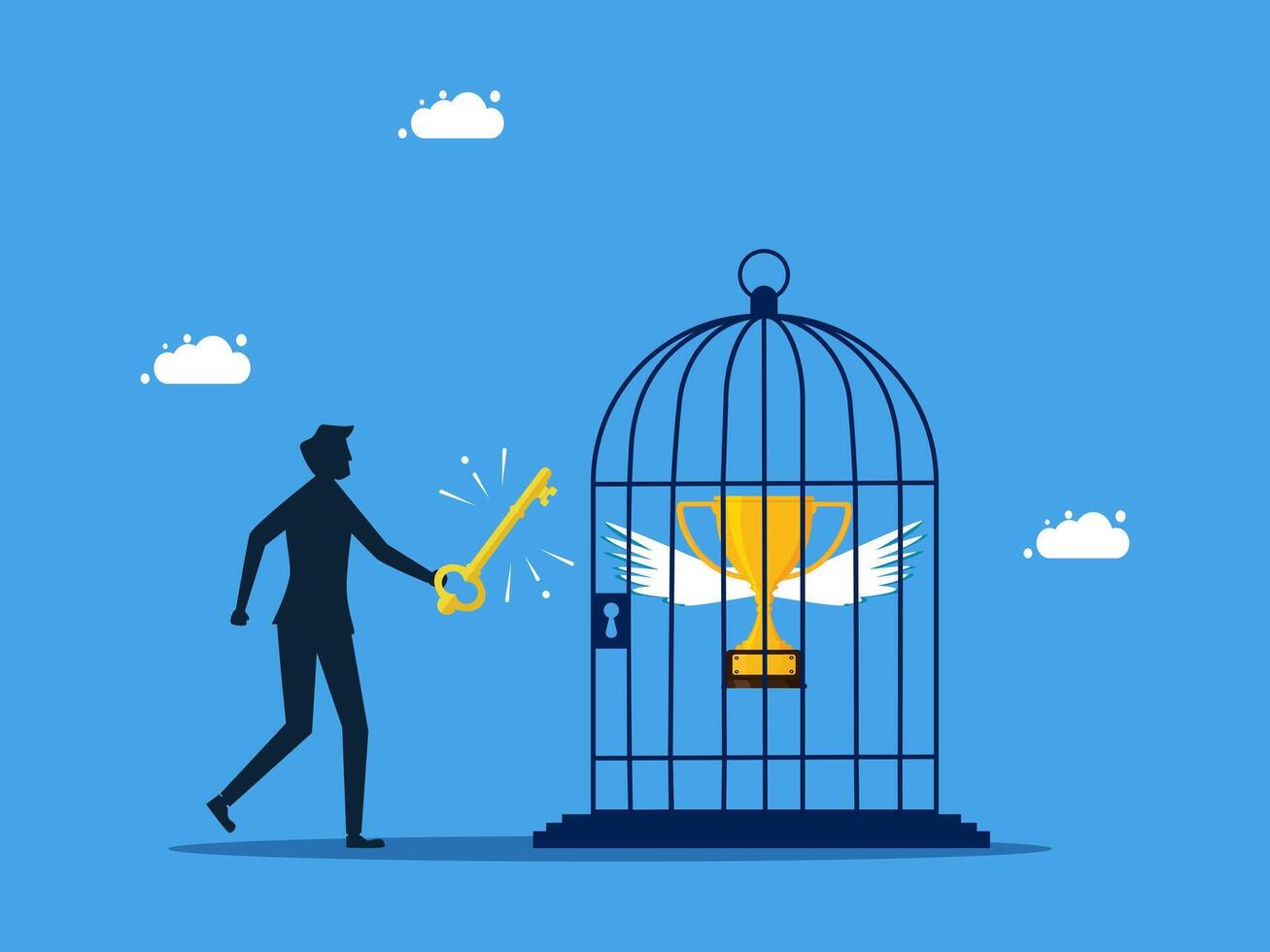 man in a cage with golden key and golden cup, concept of success and achievement vector