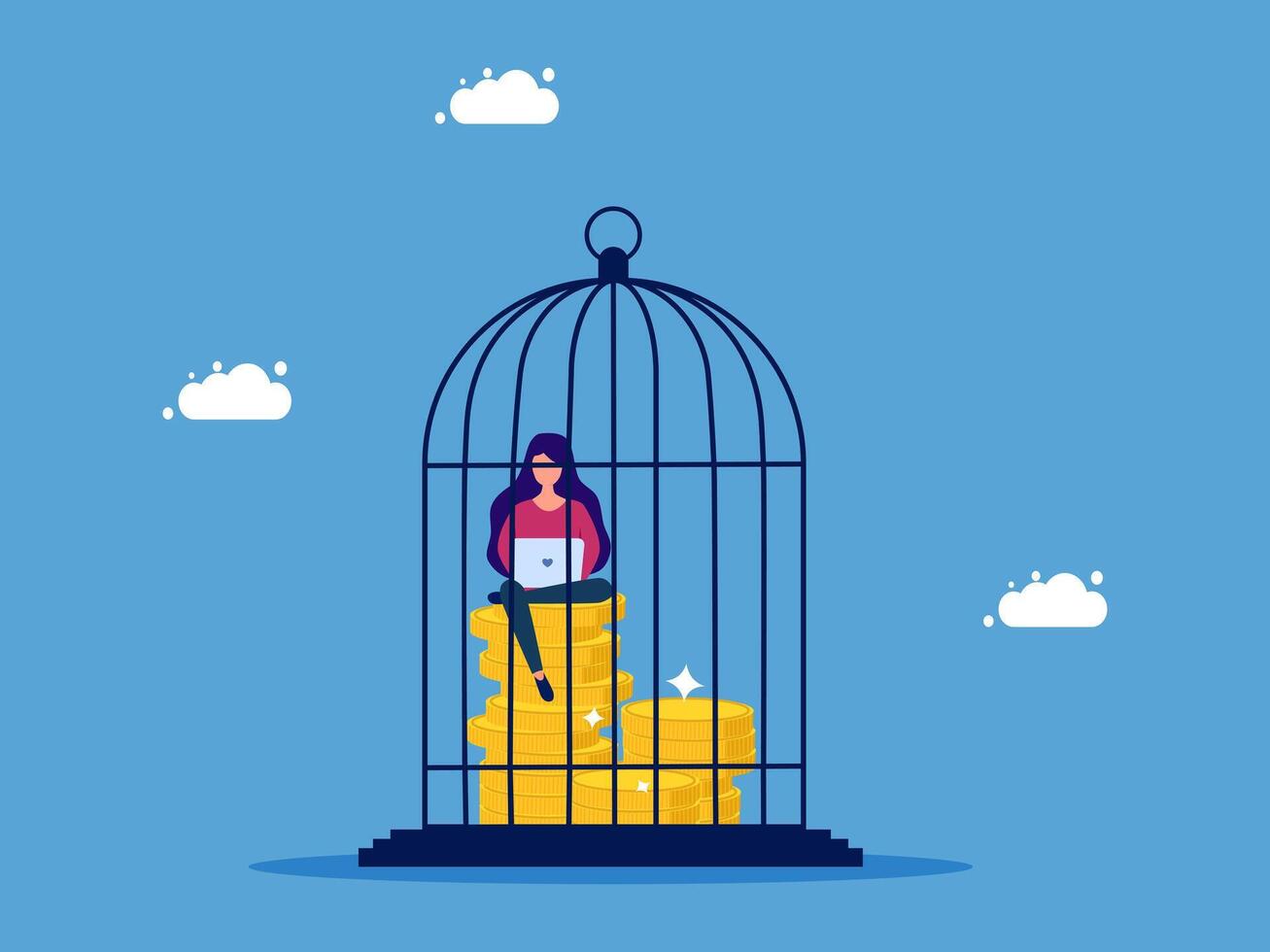 a woman sitting in a cage with stacks of money vector