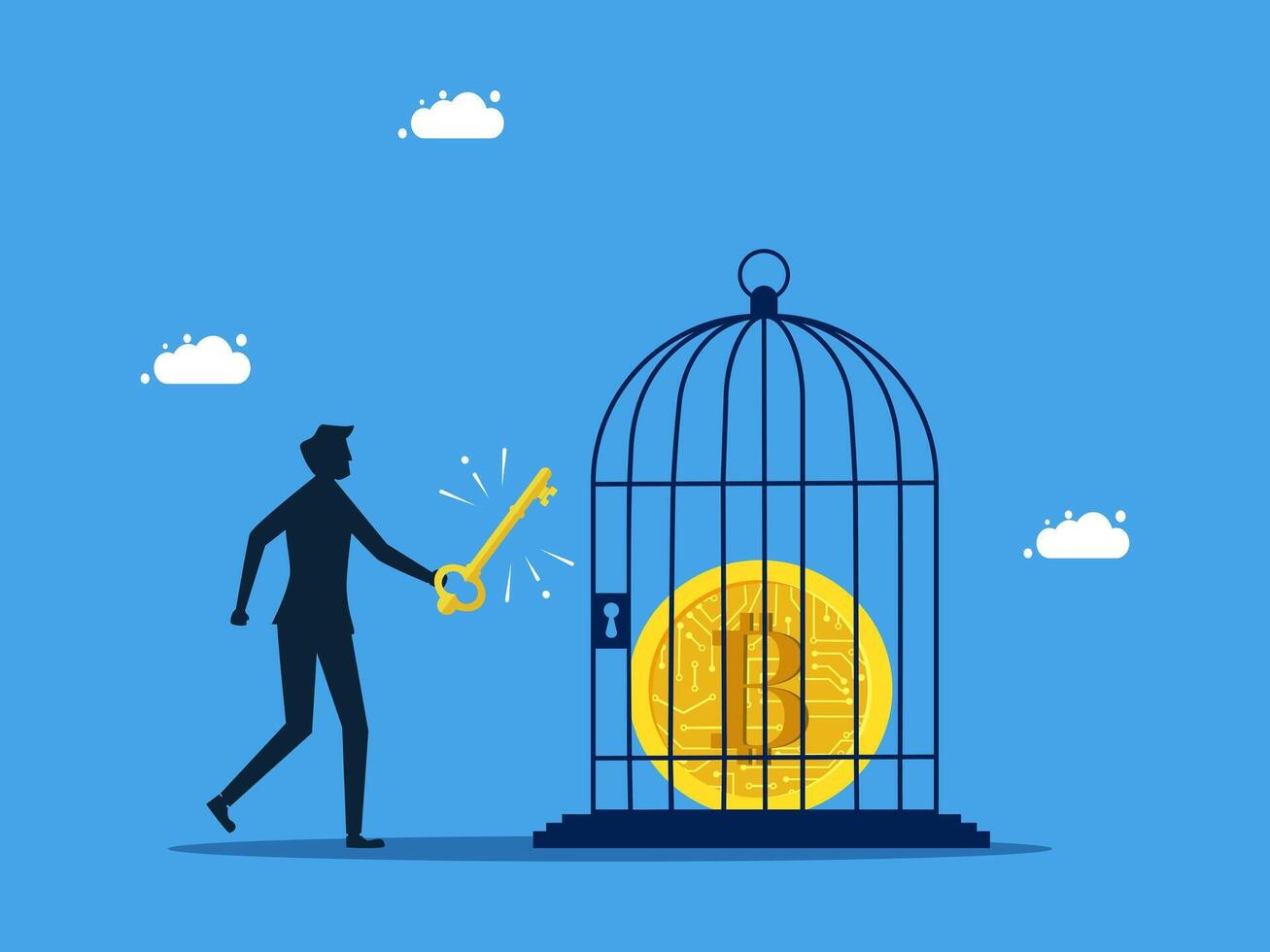 man holding key to open a golden coin cage with bitcoin symbol vector