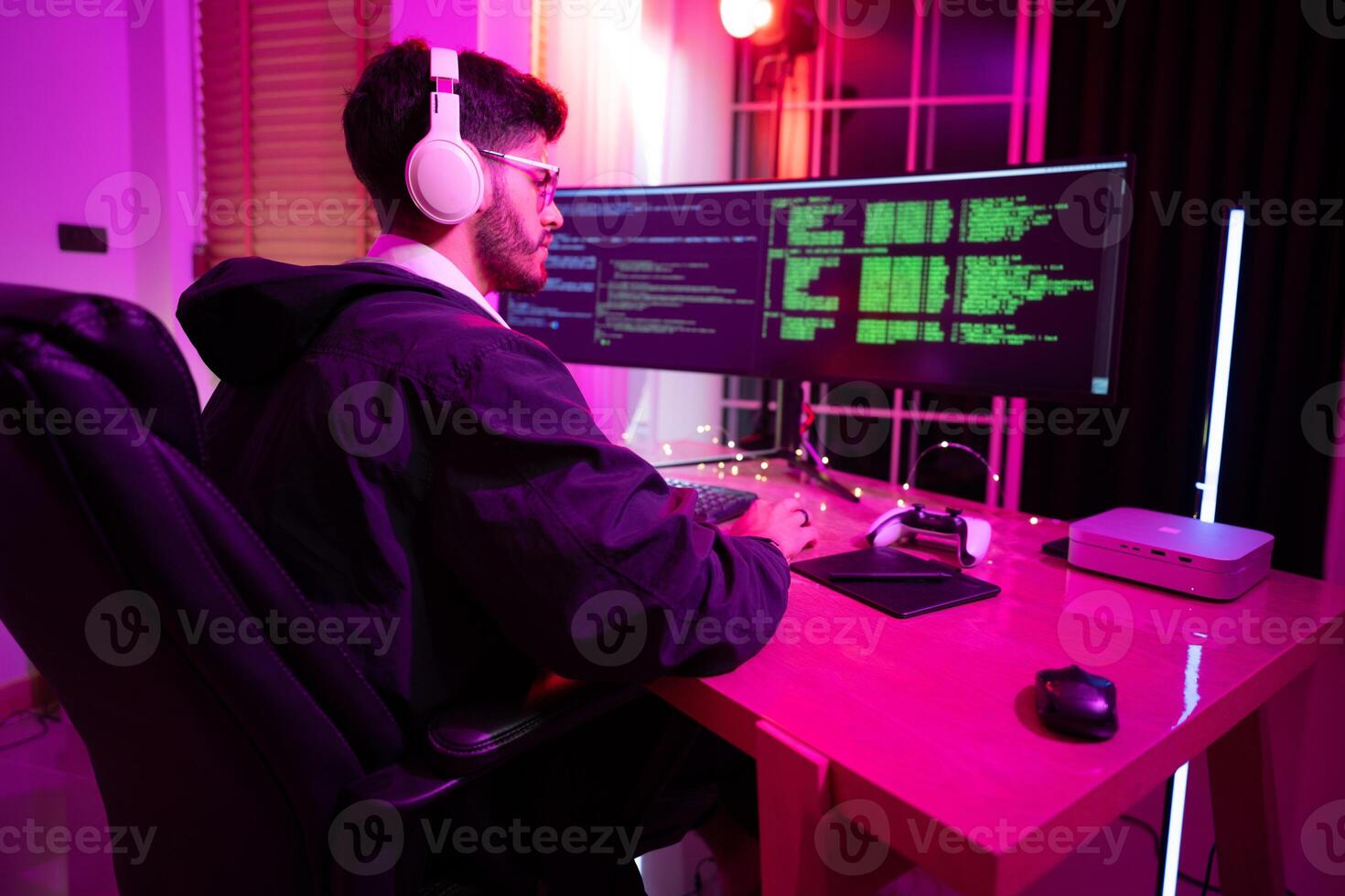 Information technology businessman working on computer at home for digital apps Software development or website design, ux, ui, budding graphic designers with coding projects or online company managem photo