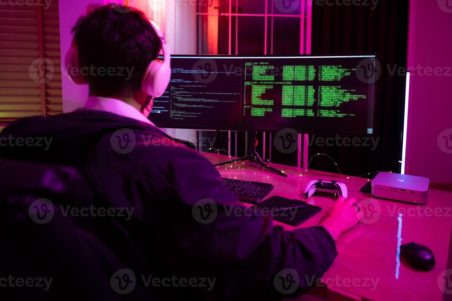 Information technology businessman working on computer at home for digital apps Software development or website design, ux, ui, budding graphic designers with coding projects or online company managem photo