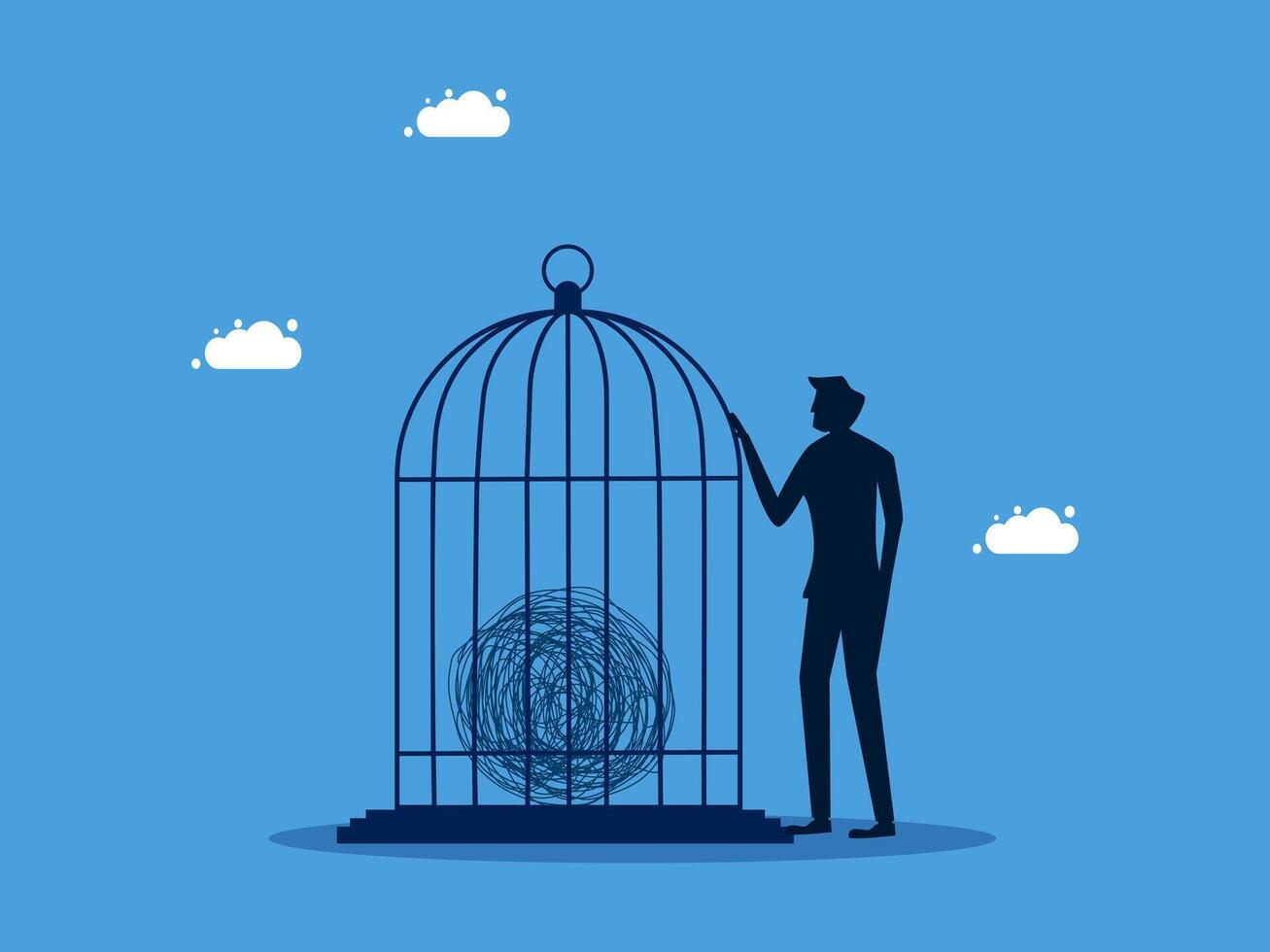 a man is looking at a bird cage with a bird inside vector