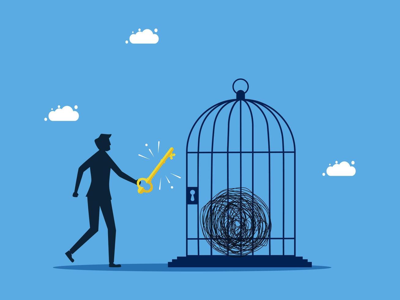 man with key to open cage with bird vector