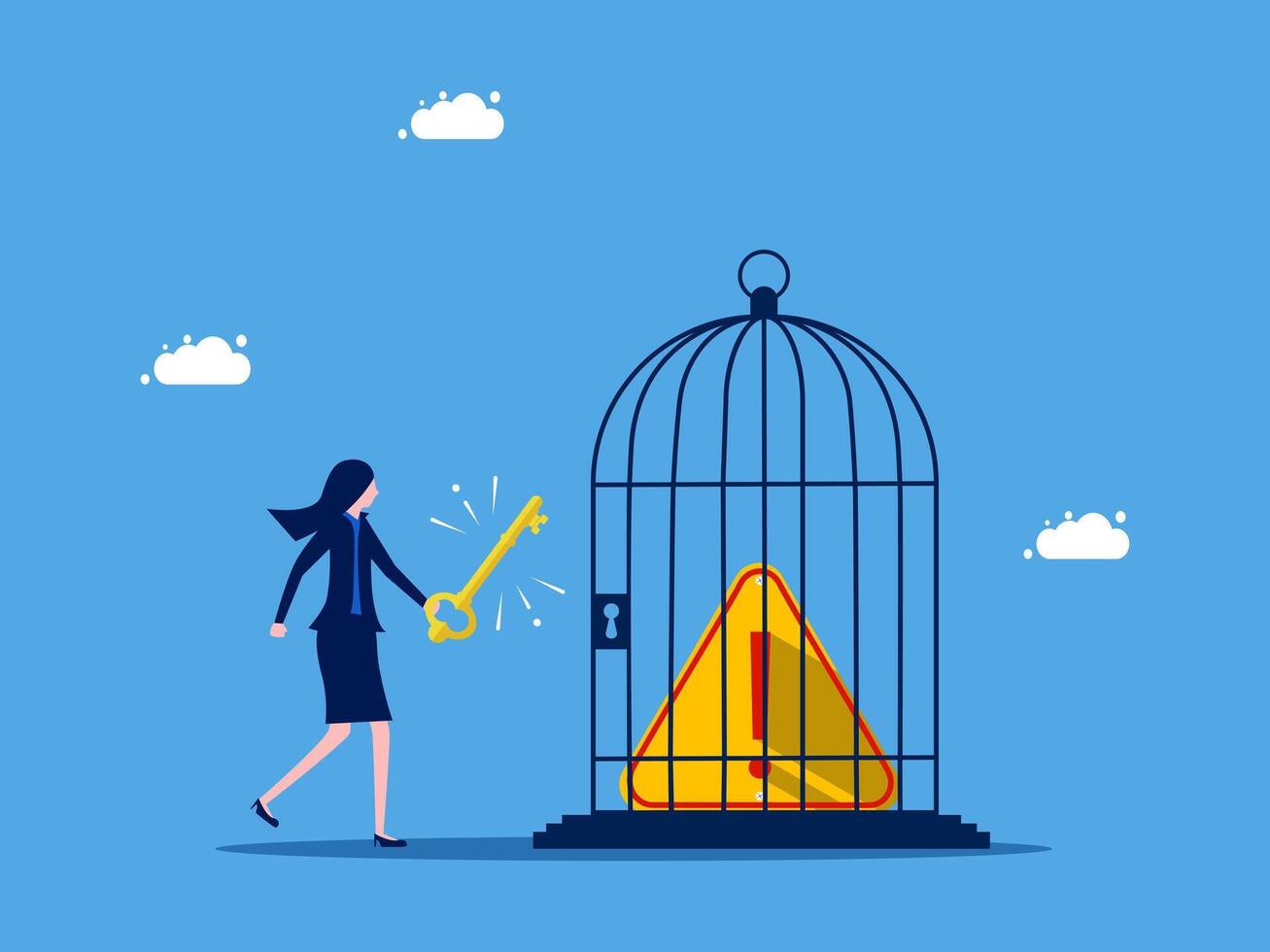 businesswoman with key to open cage with golden coin vector